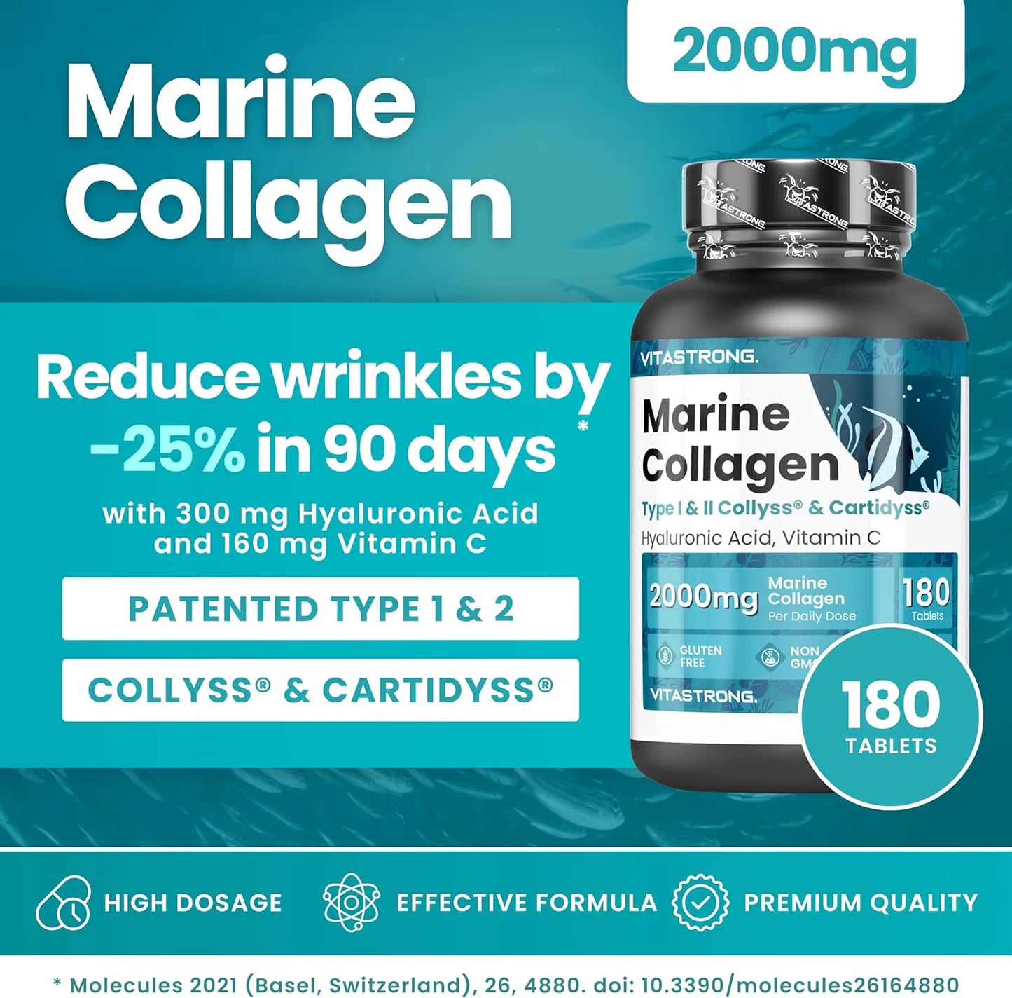 Vitastrong Marine Collagen 2000Mg Patented-Type 1 & 2 Collyss®& Cartidyss®-180 Tablets-Marine Collagen with Hyaluronic Acid-With Vitamin C-Effective Formula-Premium Quality