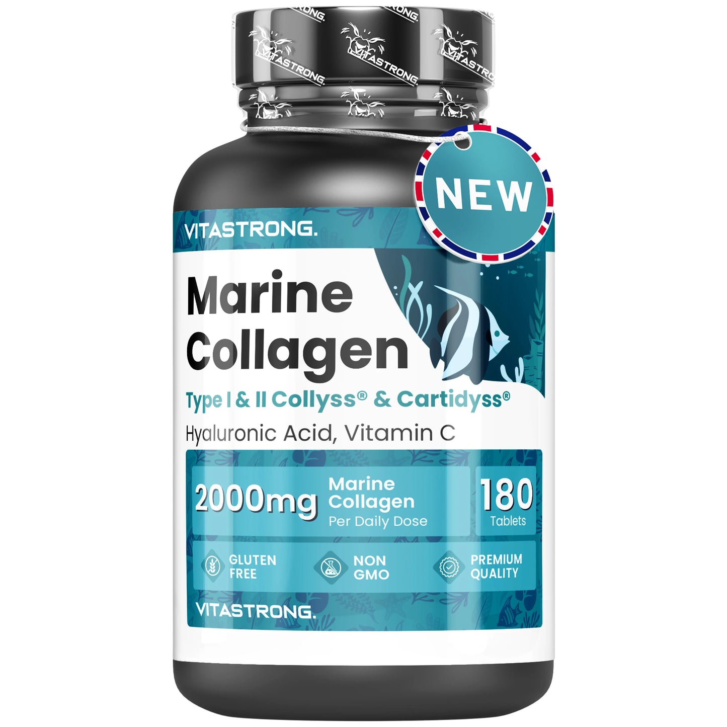 Vitastrong Marine Collagen 2000Mg Patented-Type 1 & 2 Collyss®& Cartidyss®-180 Tablets-Marine Collagen with Hyaluronic Acid-With Vitamin C-Effective Formula-Premium Quality