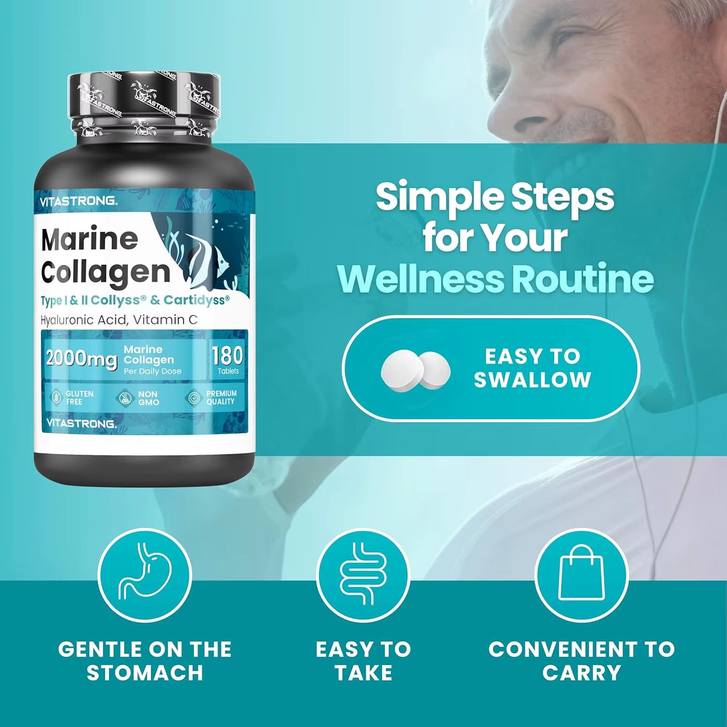 Vitastrong Marine Collagen 2000Mg Patented-Type 1 & 2 Collyss®& Cartidyss®-180 Tablets-Marine Collagen with Hyaluronic Acid-With Vitamin C-Effective Formula-Premium Quality