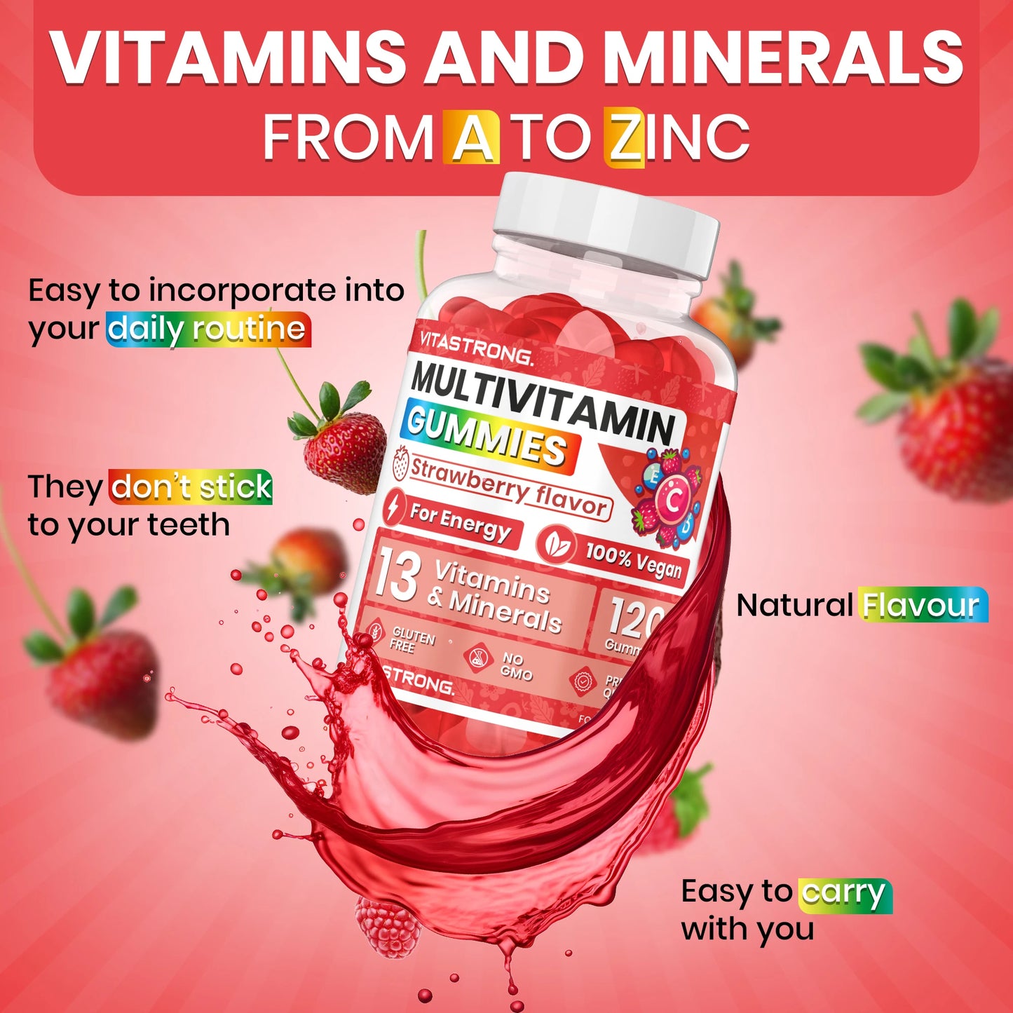 Full Multivitamin 120 Gummy Vitastrong, 13 Vitamins and Minerals, Multivitamin Complex Gummy Vitamins Adult Vegan without Sucrose, Multivitamin Gommose with Vitamins, Zinc, Iodine, Folate