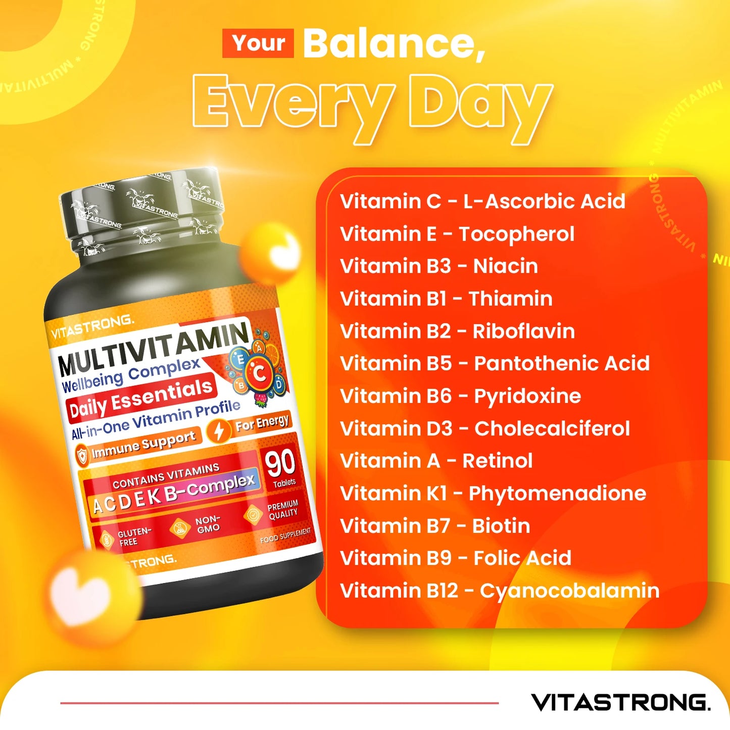 Vitastrong Complete Multivitamin Premium Quality, 13 Essential Vitamins High Dosage, Multivitamin for Men and Women Made in Italy, Pure and Certified Multivitamin Supplement, Multivitamin