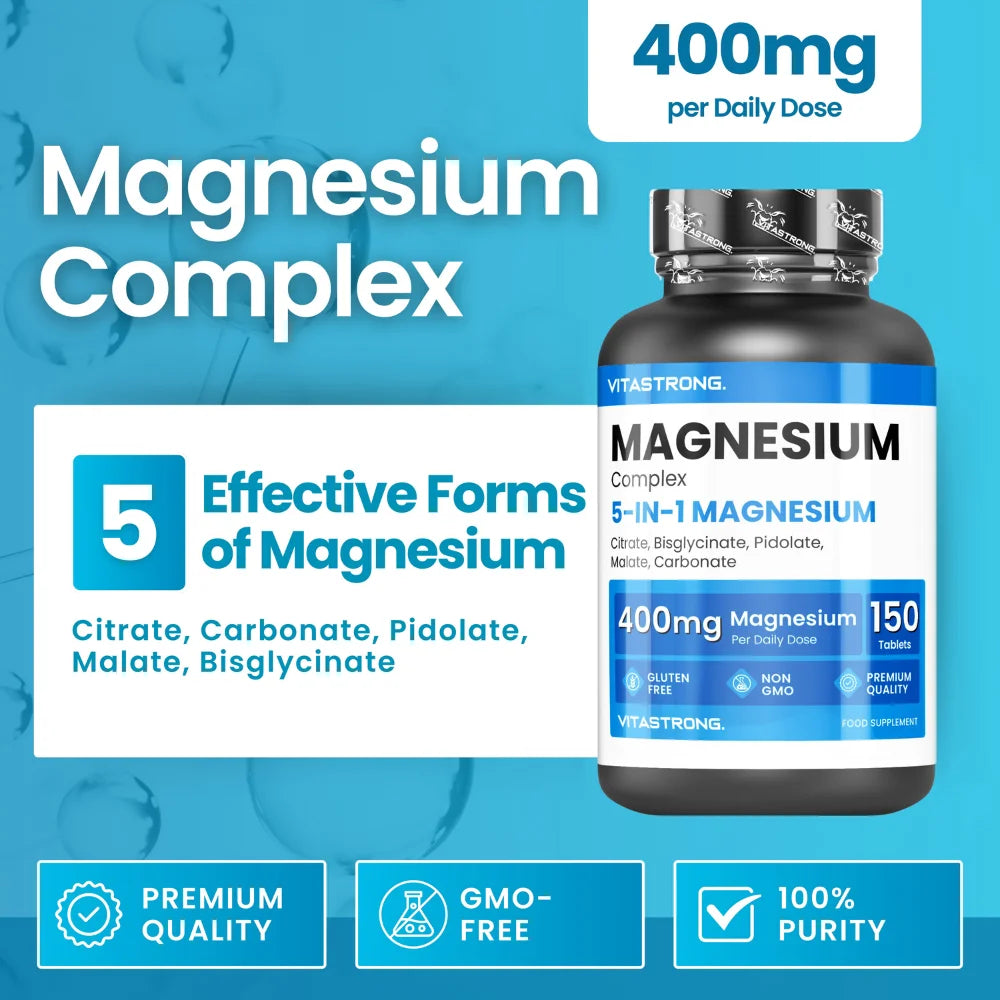 Vitastrong Magnesium Complex 400Mg - 5 in 1 Magnesium-Magnesium Bisglycinate + Magnesium Citrate + Pidolate + Sick and Carbonate-Magnesium Supplement Magnesium Antistress