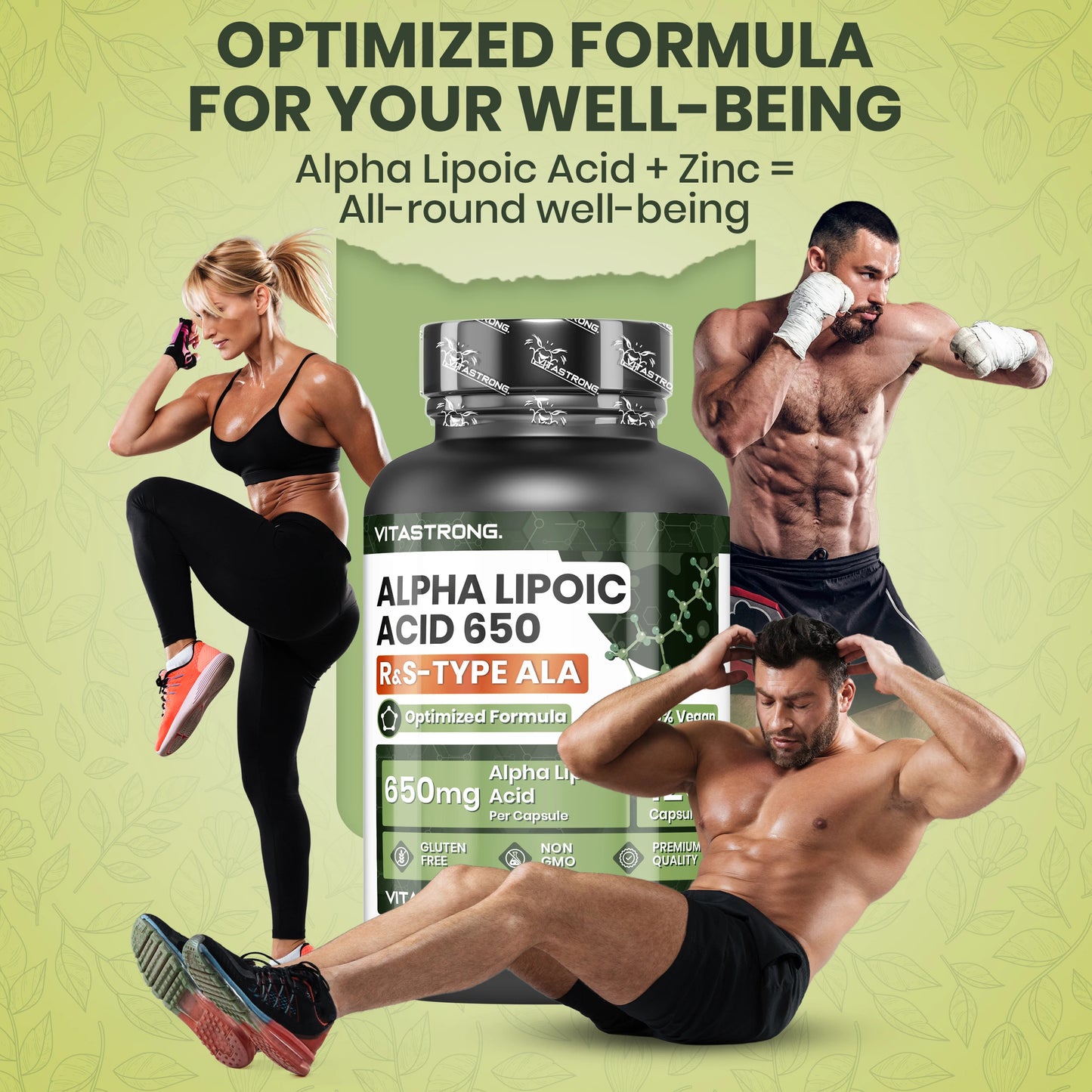 Alpha Lipoic Acid with Zinc Oxide 650Mg, Optimized Formula Lipoic Acid Type R & D, ALA Supplement 100% Vegan, 120 Gluten-Free Capsules No Gmos Alpha Lipoic Acid, Vitastrong Quality