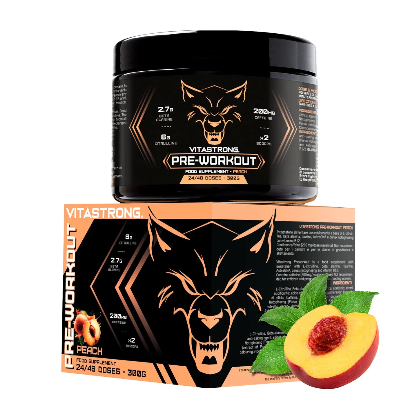 Pre Workout Powerful 300G, Preworkout Vegan with L Citrulline, Beta Alanine, Caffeine, Taurine, Astragin, Panax Notoginseng, Vitastrong Pre Workout Made in Italy (24 Portions (1 Pack), Peach)