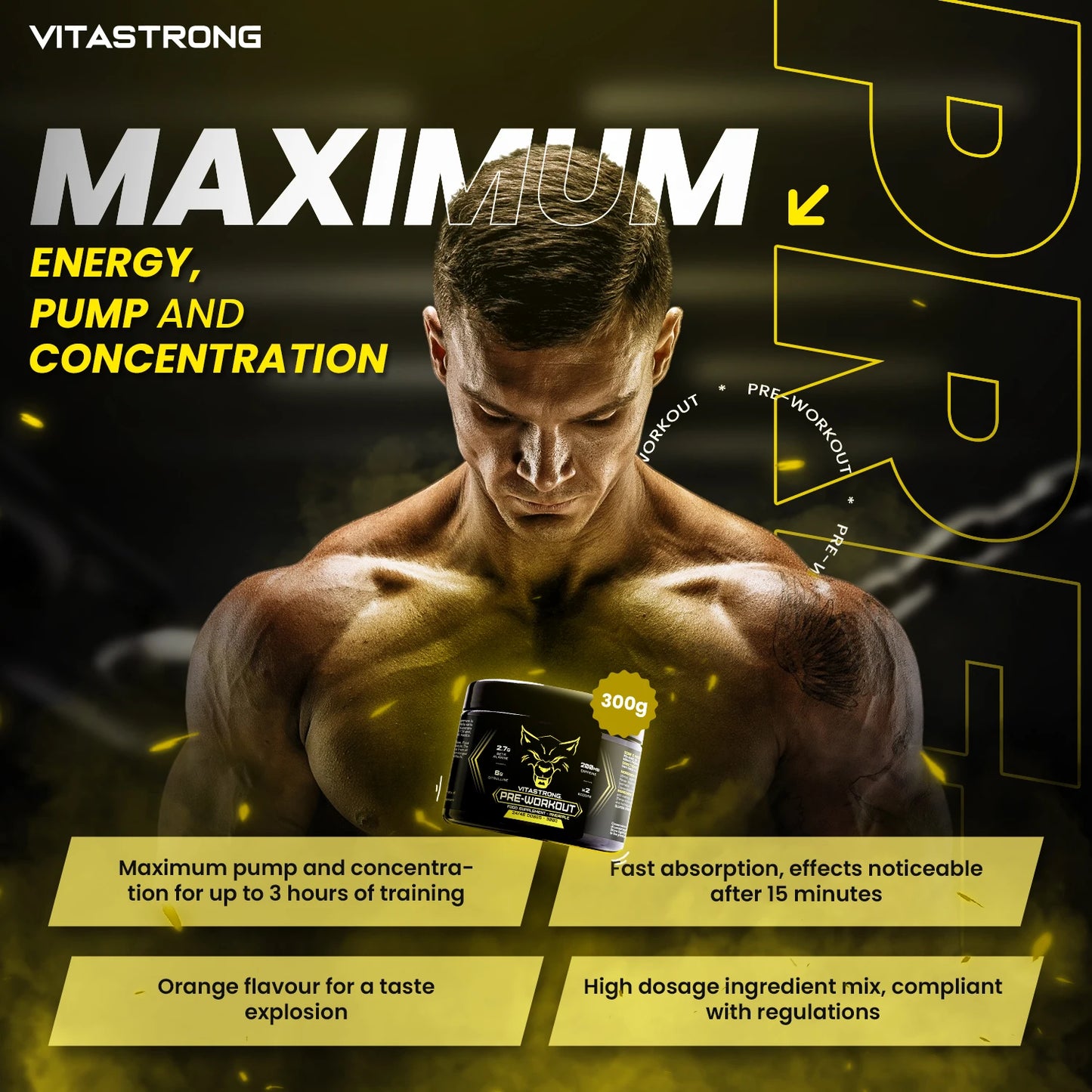 Powerful Pre Workout 300G, Preworkout Vegan with Vitamin B12, L Citrulline, Beta Alanine, Caffeine, Taurine, Astragin, Vitastrag Pre Workout Made in Italy (24 Portions (Pack of 1), Pineapple)