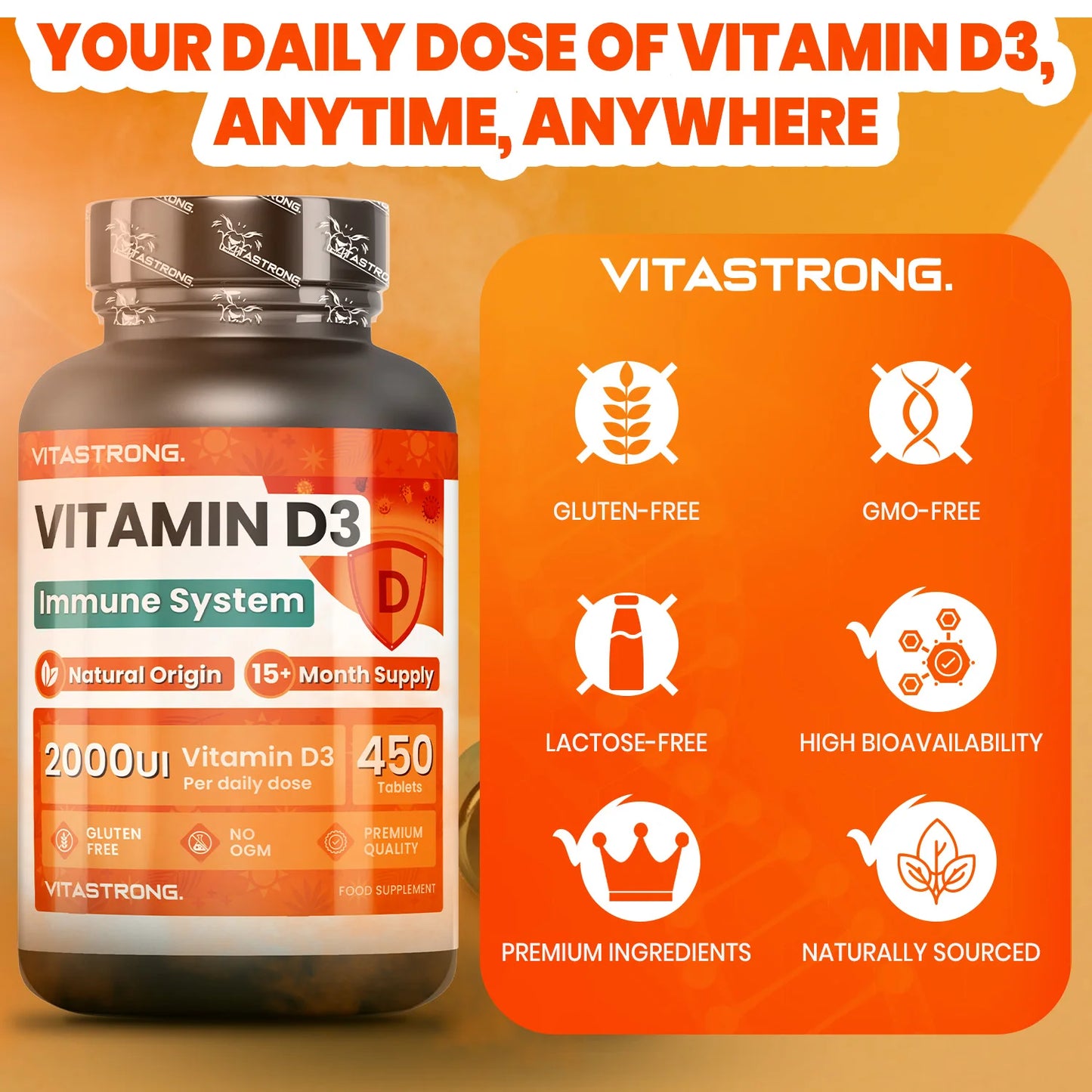 Vitamin D3 2000 IU 50Mcg High Dosage, 1 per Day, 450 Tablets D3 Vitamin Cholecalciferol (15 + Months), Immune System, Bones, Toughes, Muscles, Supplement Vit D Premium Quality Vitastrong