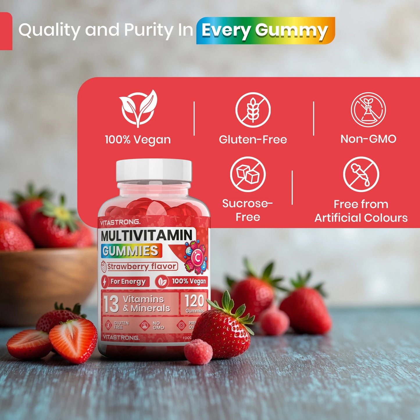 Full Multivitamin 120 Gummy Vitastrong, 13 Vitamins and Minerals, Multivitamin Complex Gummy Vitamins Adult Vegan without Sucrose, Multivitamin Gommose with Vitamins, Zinc, Iodine, Folate
