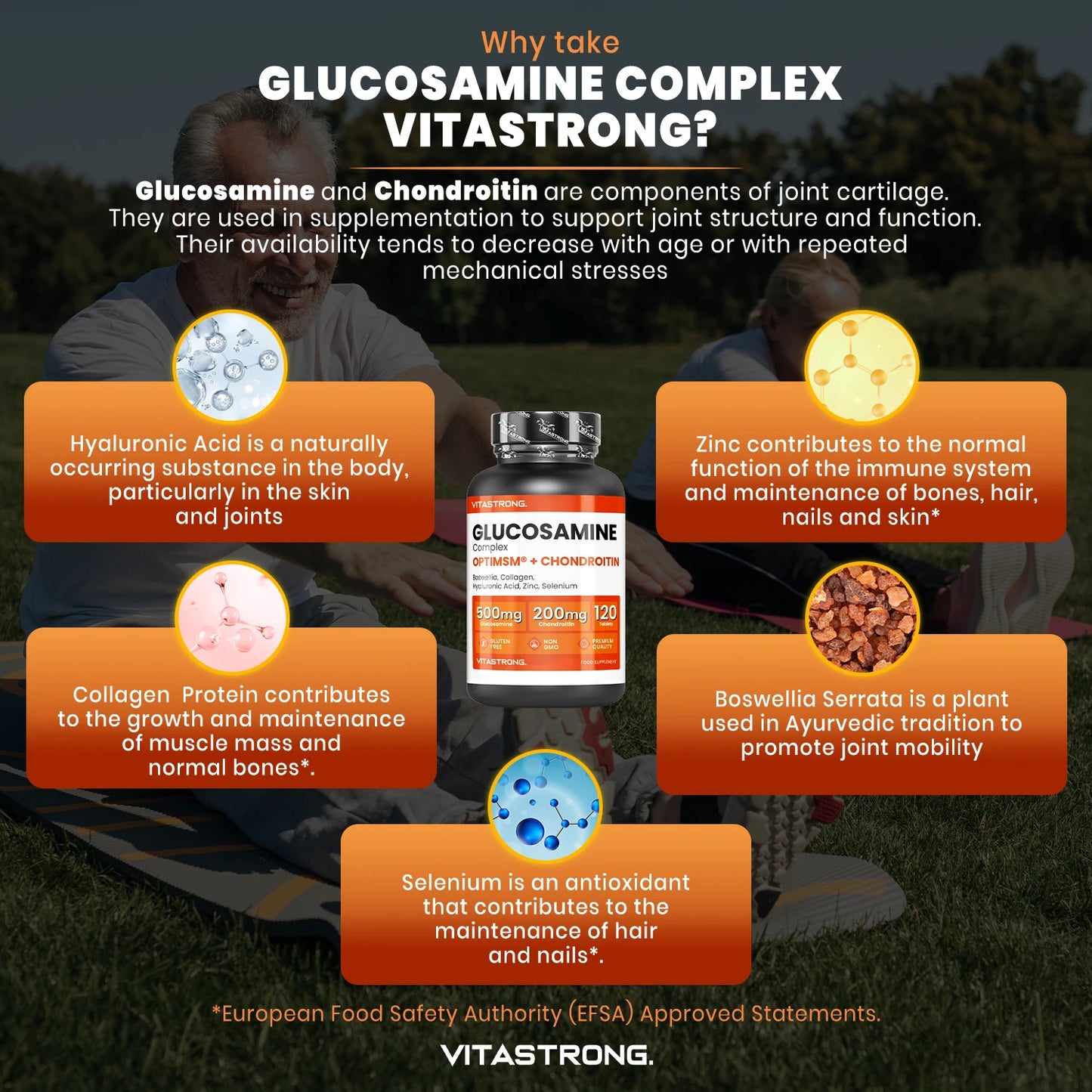 Vitastrong Glucosamine Chondroitin with MSM, Collagen and Hyaluronic Acid, Zinc, Selenium, Mangenese, Boswellia, Glucosamine Complex MSM Supplement, Bones, Joints, Cartilage, Premium Quality