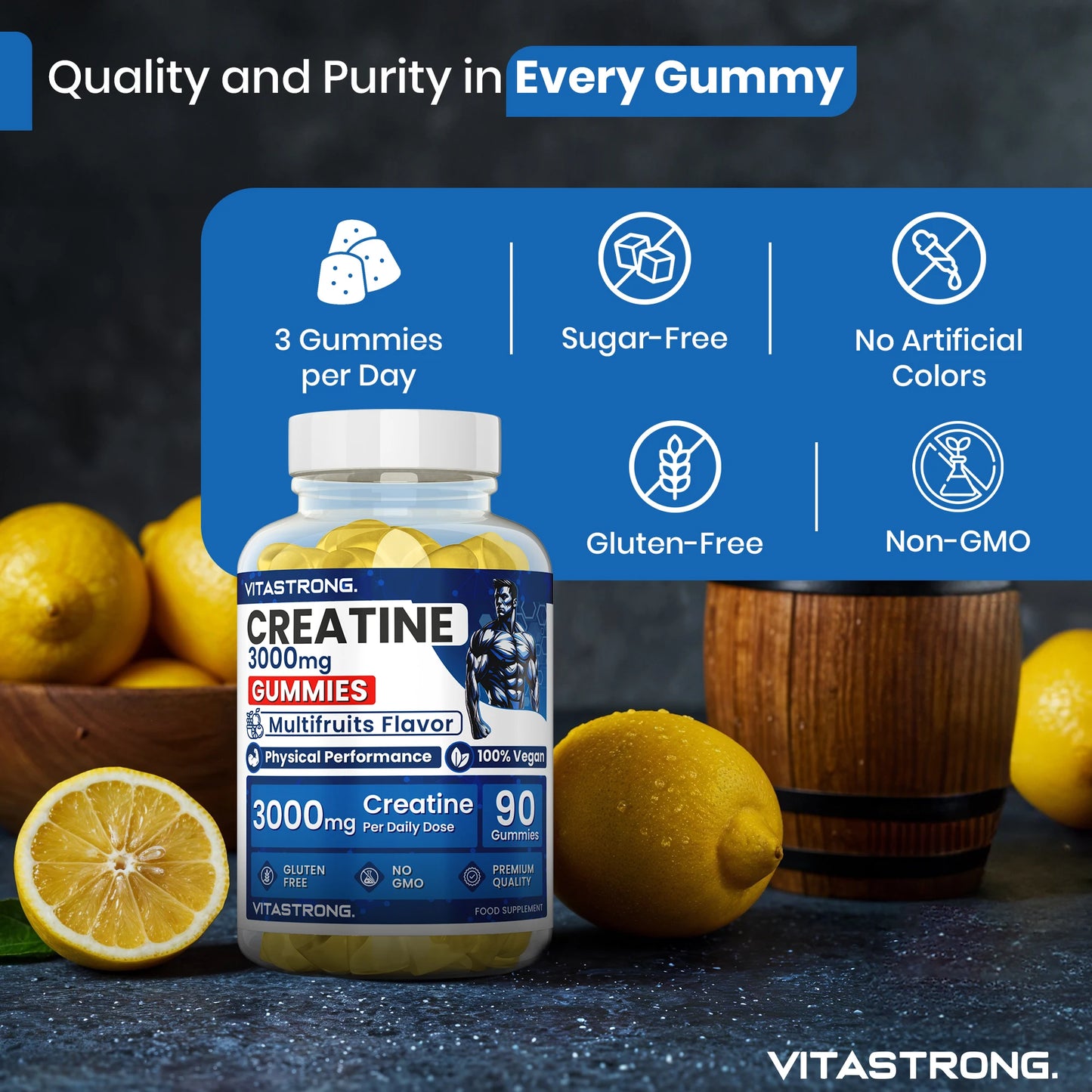 Creatine Monohydrated 3000Mg Vitastrong, 90 Creatine Gummy Vegan without Sucrose, Gluten or Gmos, Delicious Gummy Multifruit Men and Women, Alternative to Creatine Monohydrated Capsules and Tablets