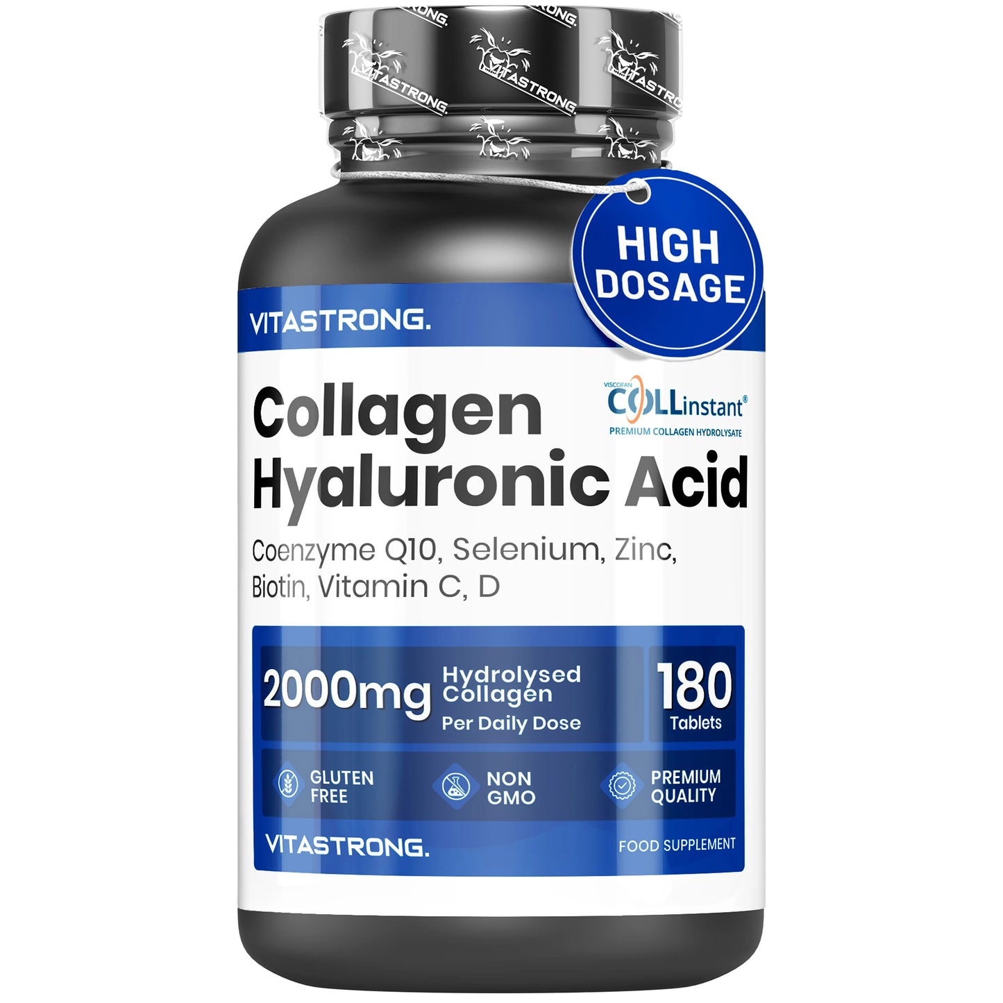 HYDROLIZED COLLAGENE 2000MG Vitastrong - Collinstant Collagen and Hyaluronic Acid with Biotin, Coenzyme Q10, Zinc, Selenium, Vitamin C, Vitamin D-Effective Formula-Premium Quality