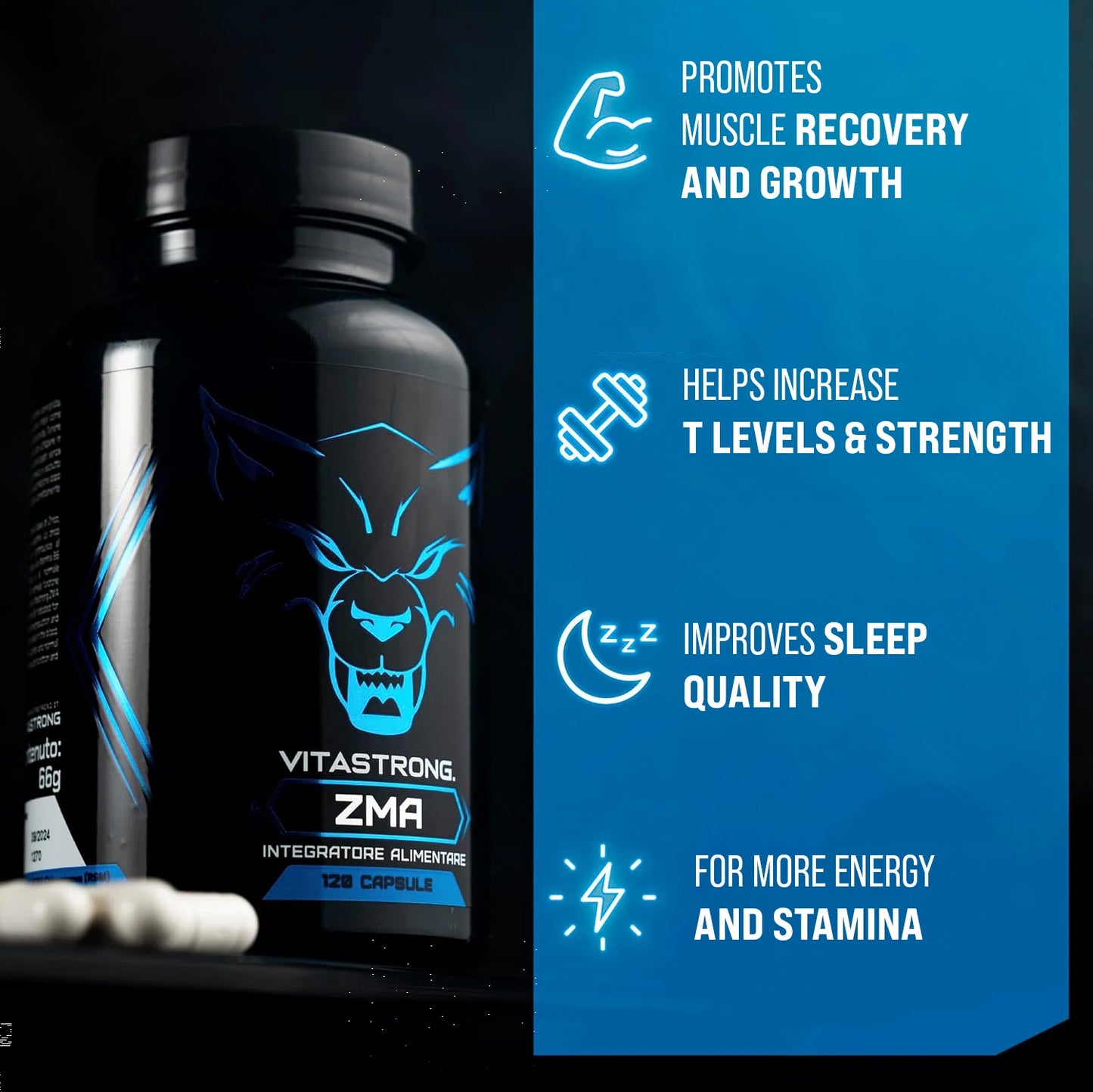 ZMA Supplement Vitastrong Dose Extra High with Vitamin B6 High Dosage, Zinc and Magnesium Citrate, 120 Magnesium B6 Zinc Capsules for Energy Metabolism and Fatigue Reduction