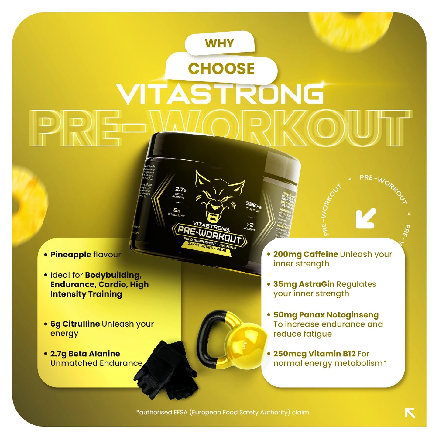 Powerful Pre Workout 300G, Preworkout Vegan with Vitamin B12, L Citrulline, Beta Alanine, Caffeine, Taurine, Astragin, Vitastrag Pre Workout Made in Italy (24 Portions (Pack of 1), Pineapple)