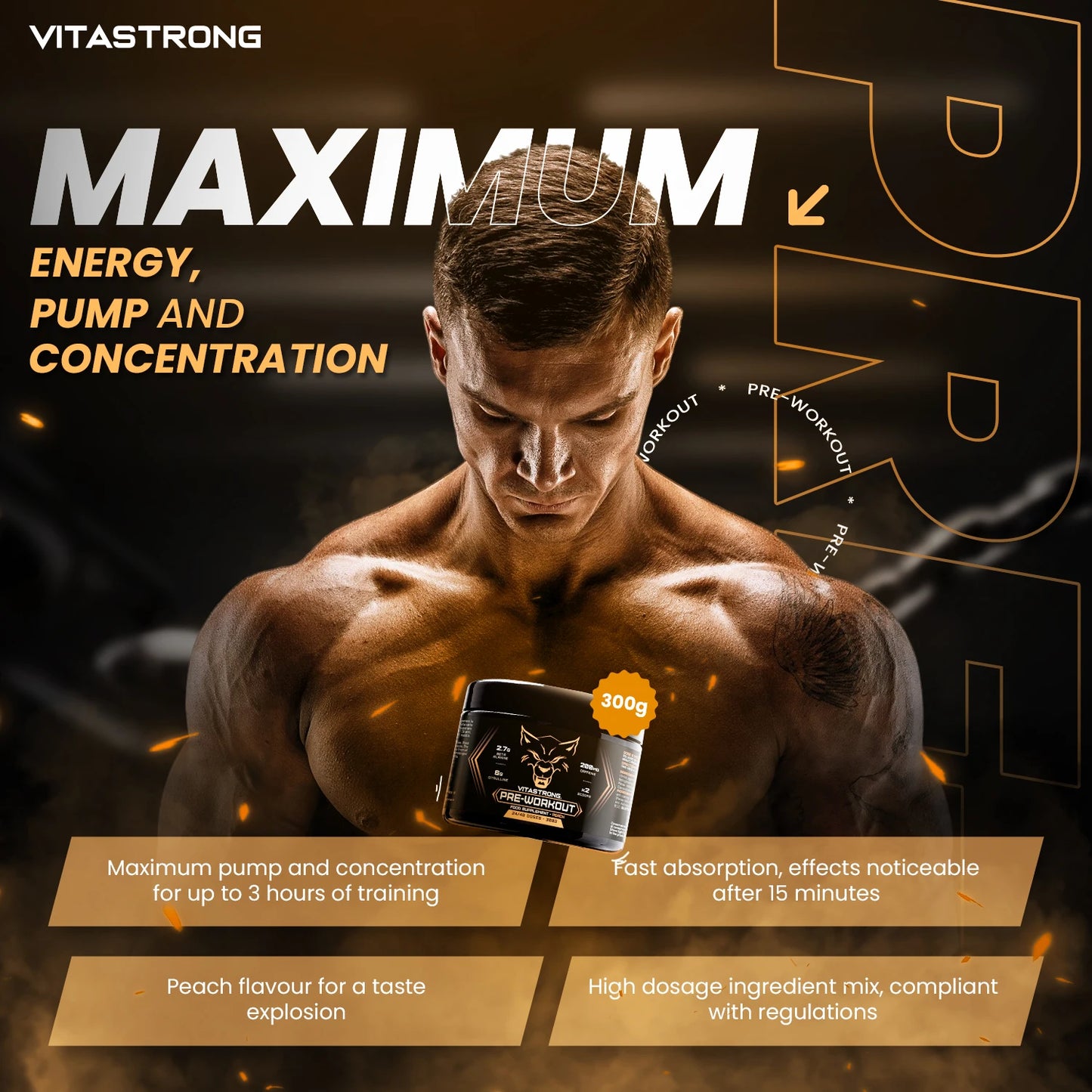 Pre Workout Powerful 300G, Preworkout Vegan with L Citrulline, Beta Alanine, Caffeine, Taurine, Astragin, Panax Notoginseng, Vitastrong Pre Workout Made in Italy (24 Portions (1 Pack), Peach)