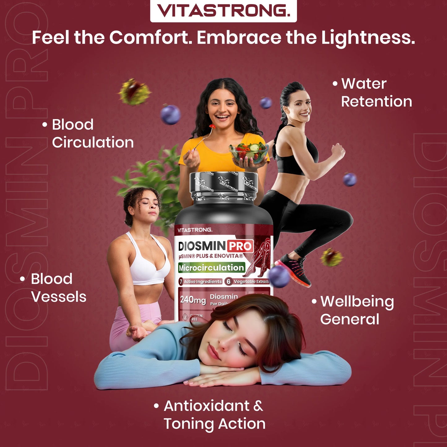 Diosmin PRO Vitastrag Vegan, Complex Diosmin Micronized and Flavonoids, HENOVITA (Red Vine Supplement) Centella Asiatica, Horse Chestnut, Rusco, Lespedeza, Black Pepper (Piperine Powder), 60 Tablets