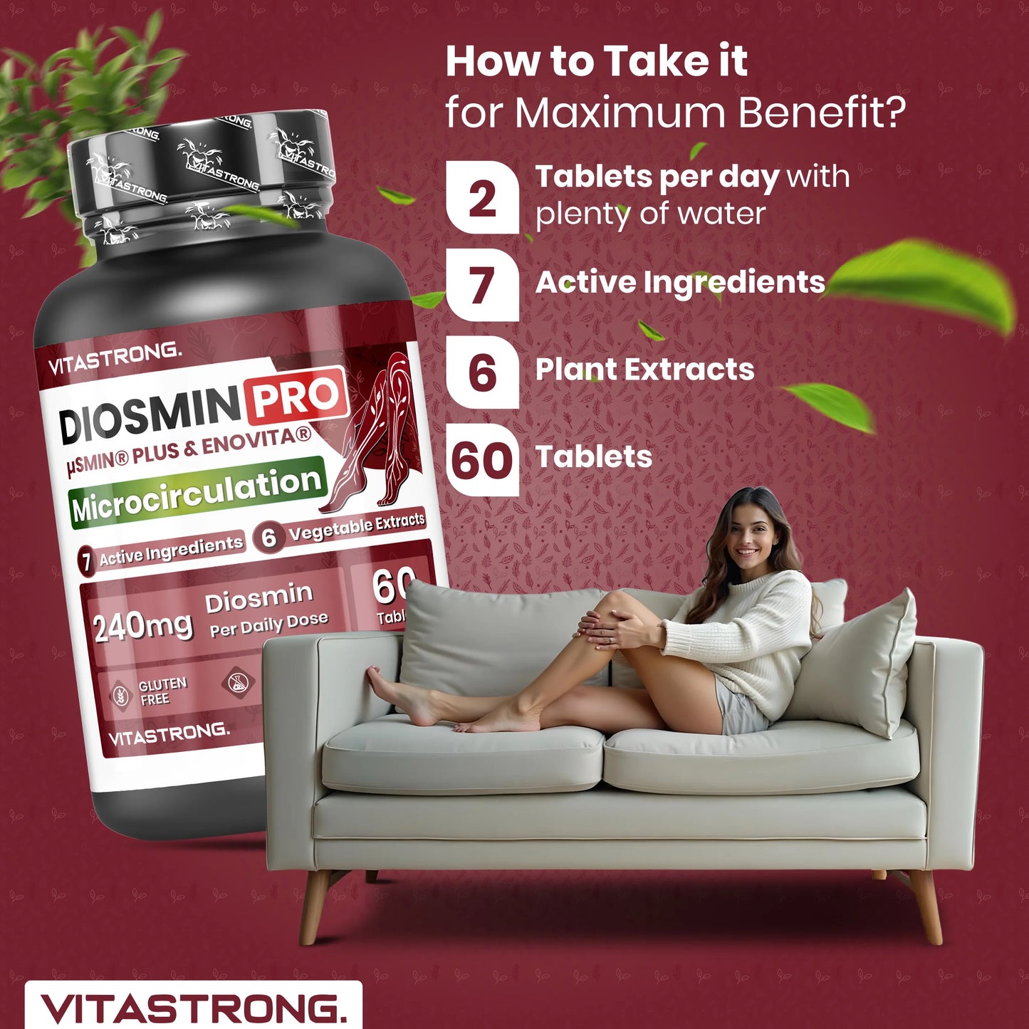 Diosmin PRO Vitastrag Vegan, Complex Diosmin Micronized and Flavonoids, HENOVITA (Red Vine Supplement) Centella Asiatica, Horse Chestnut, Rusco, Lespedeza, Black Pepper (Piperine Powder), 60 Tablets