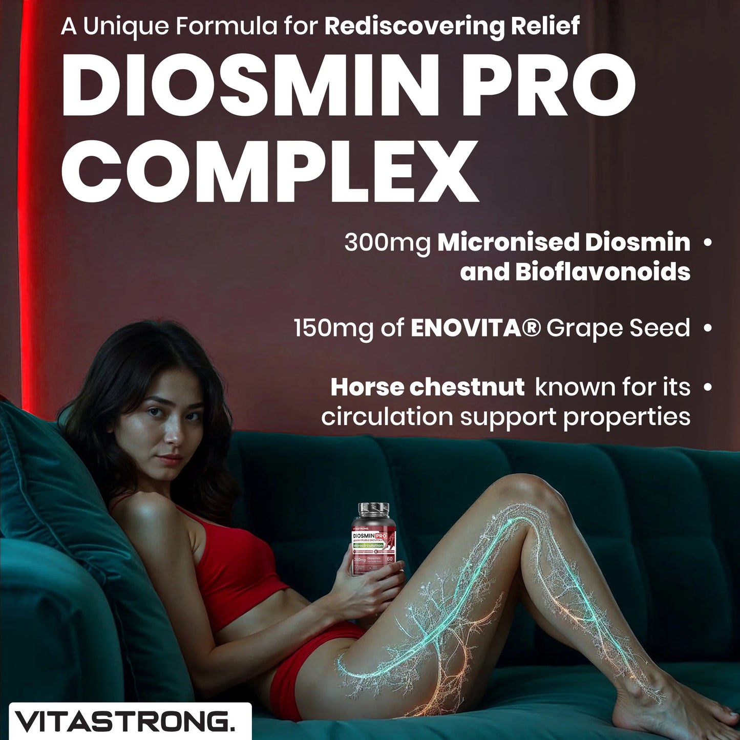 Diosmin PRO Vitastrag Vegan, Complex Diosmin Micronized and Flavonoids, HENOVITA (Red Vine Supplement) Centella Asiatica, Horse Chestnut, Rusco, Lespedeza, Black Pepper (Piperine Powder), 60 Tablets