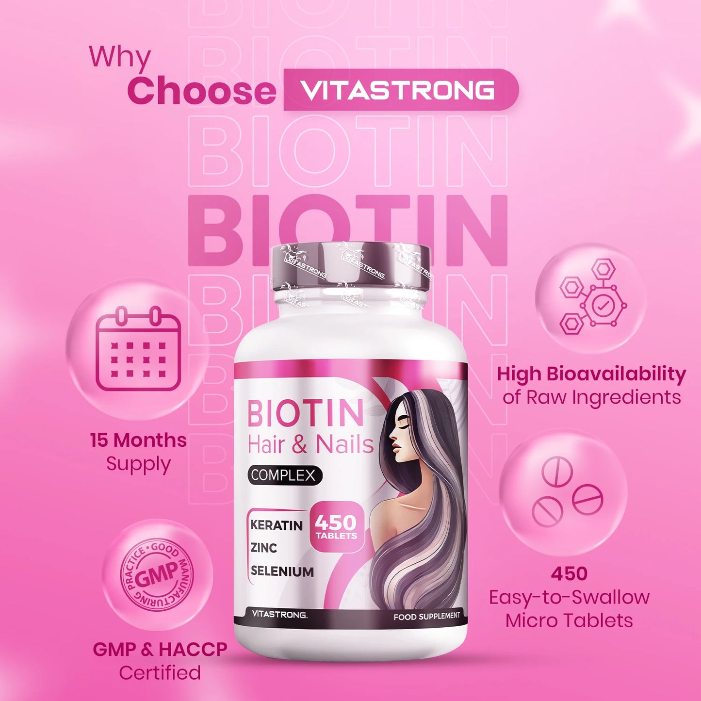 Biotin Hair Vitastrong 450 Tablets High Dosage (15 Months) Biotin Complex Premium with Keratin for Hair, Selenium, Zinc, Copper, Bamboo, Hair Vitamins & Nails, Hair Supplements