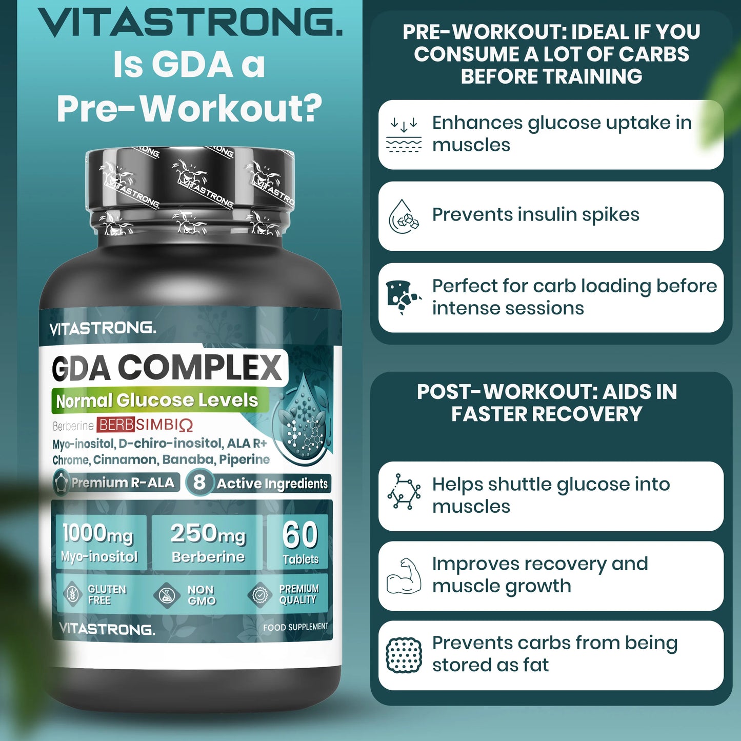 GDA Vitastrag Vegan Supplement, Lipid Complex with Berberine Berbsimb-Mi Ω 250Mg, Myo-Inositol 1000Mg, Alpha Lipoic Acid, Plant Extracts, Chromium for Normal Blood Glucose Levels, Gmo-Free