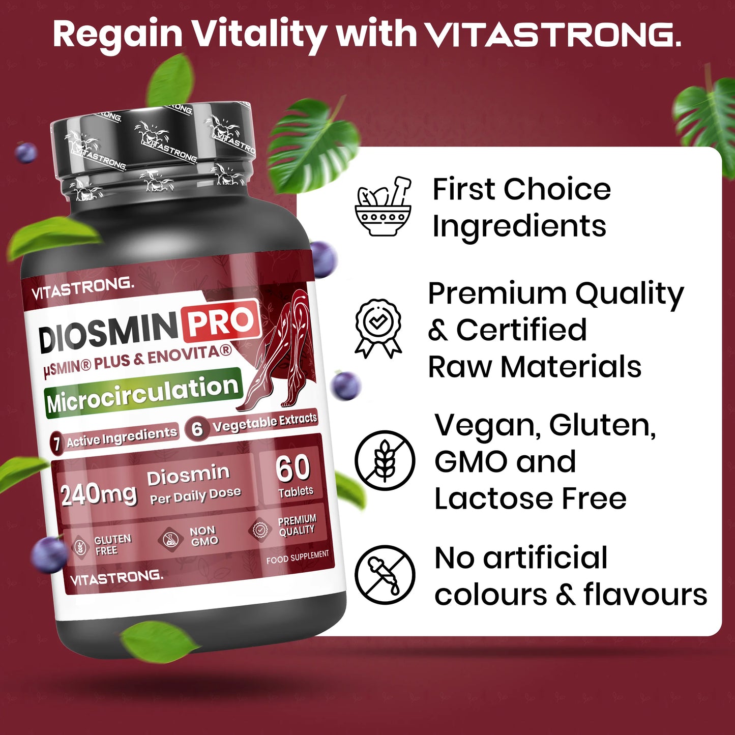 Diosmin PRO Vitastrag Vegan, Complex Diosmin Micronized and Flavonoids, HENOVITA (Red Vine Supplement) Centella Asiatica, Horse Chestnut, Rusco, Lespedeza, Black Pepper (Piperine Powder), 60 Tablets