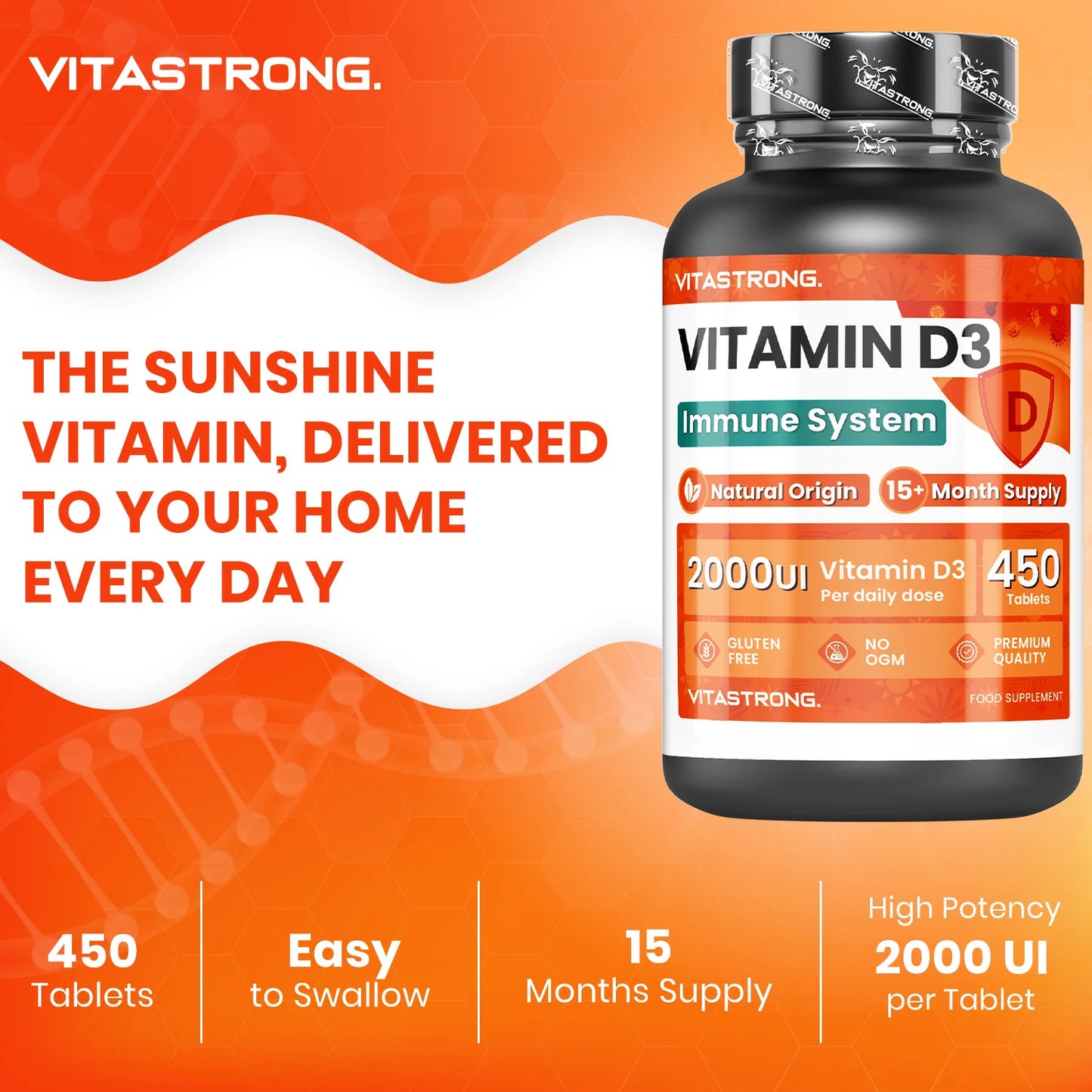 Vitamin D3 2000 IU 50Mcg High Dosage, 1 per Day, 450 Tablets D3 Vitamin Cholecalciferol (15 + Months), Immune System, Bones, Toughes, Muscles, Supplement Vit D Premium Quality Vitastrong