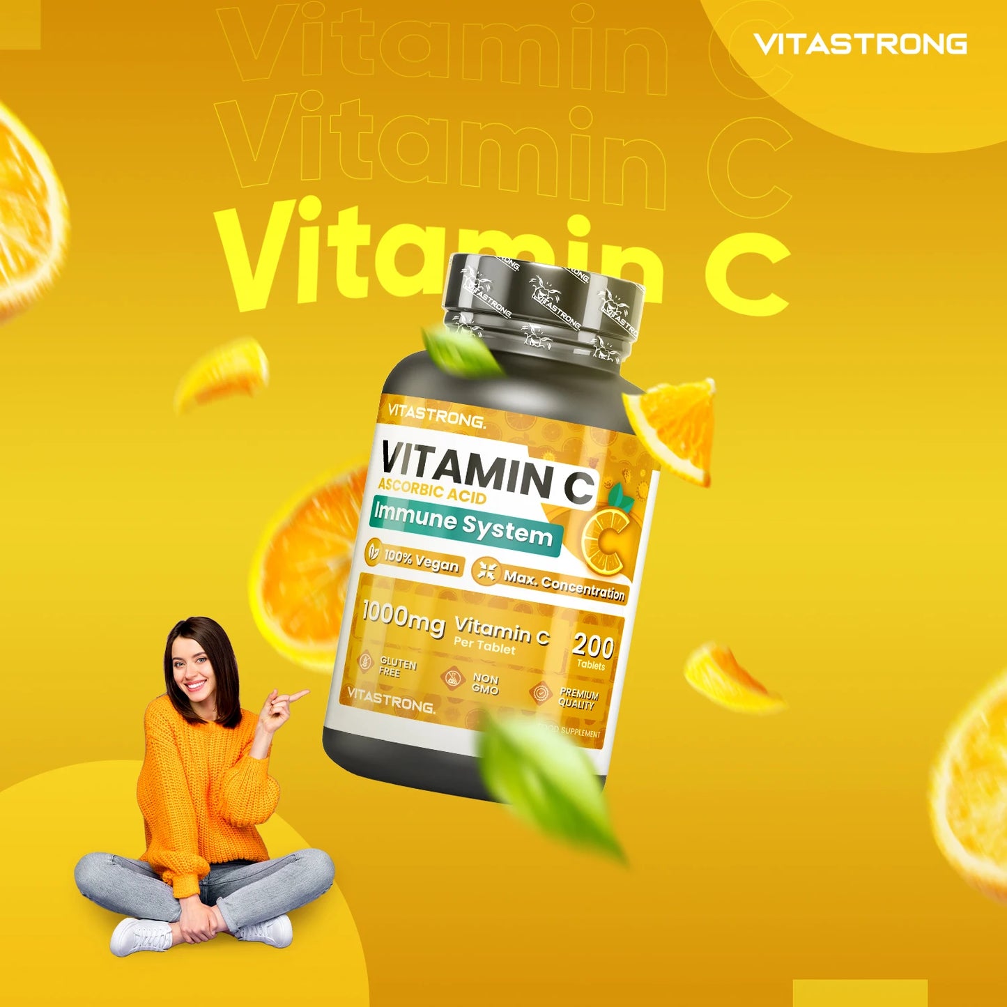 Vitamin C 1000Mg Slow Release, 200 Tablets 100% Vegan (1 per Day/6 + Months), Supplement Vitamin C Pure Ascorbic Acid for Immune System, Bones, Skin, Tiredness, Collagen Formation