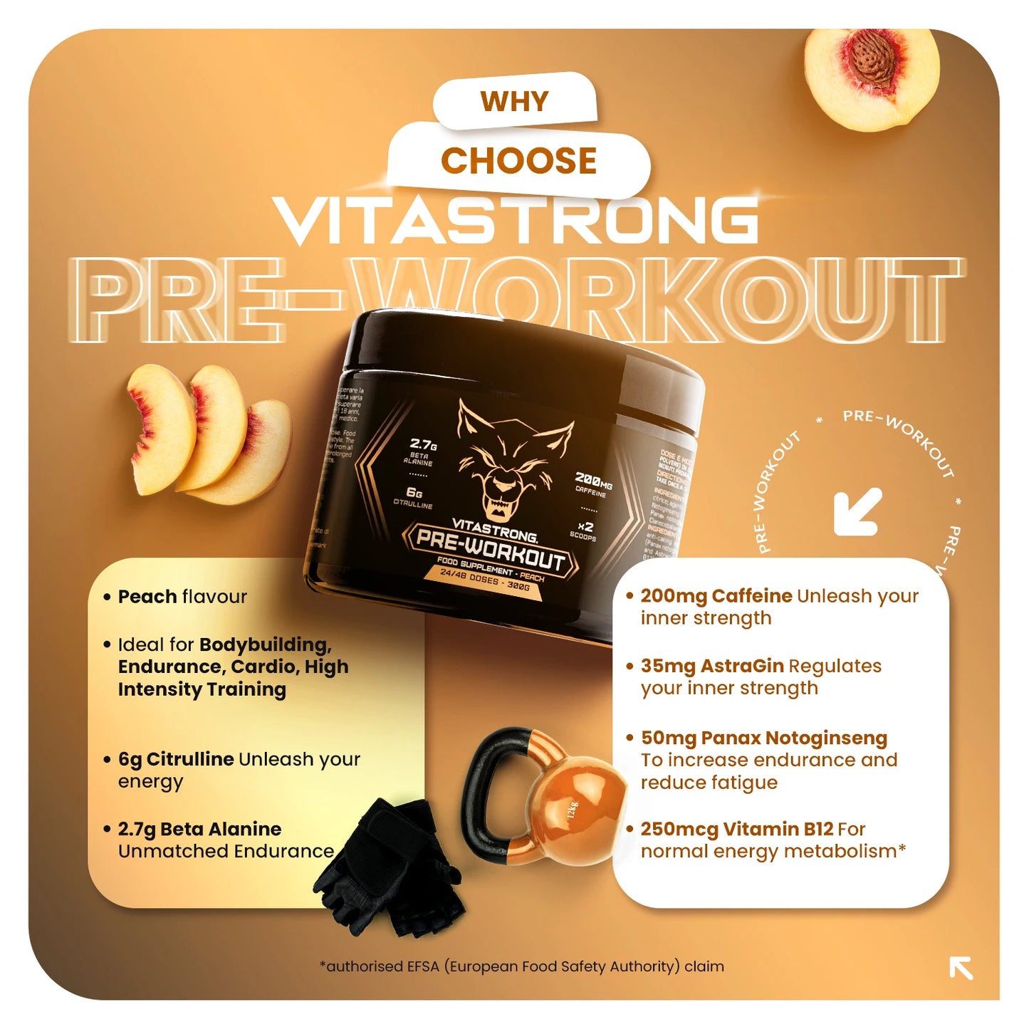 Pre Workout Powerful 300G, Preworkout Vegan with L Citrulline, Beta Alanine, Caffeine, Taurine, Astragin, Panax Notoginseng, Vitastrong Pre Workout Made in Italy (24 Portions (1 Pack), Peach)