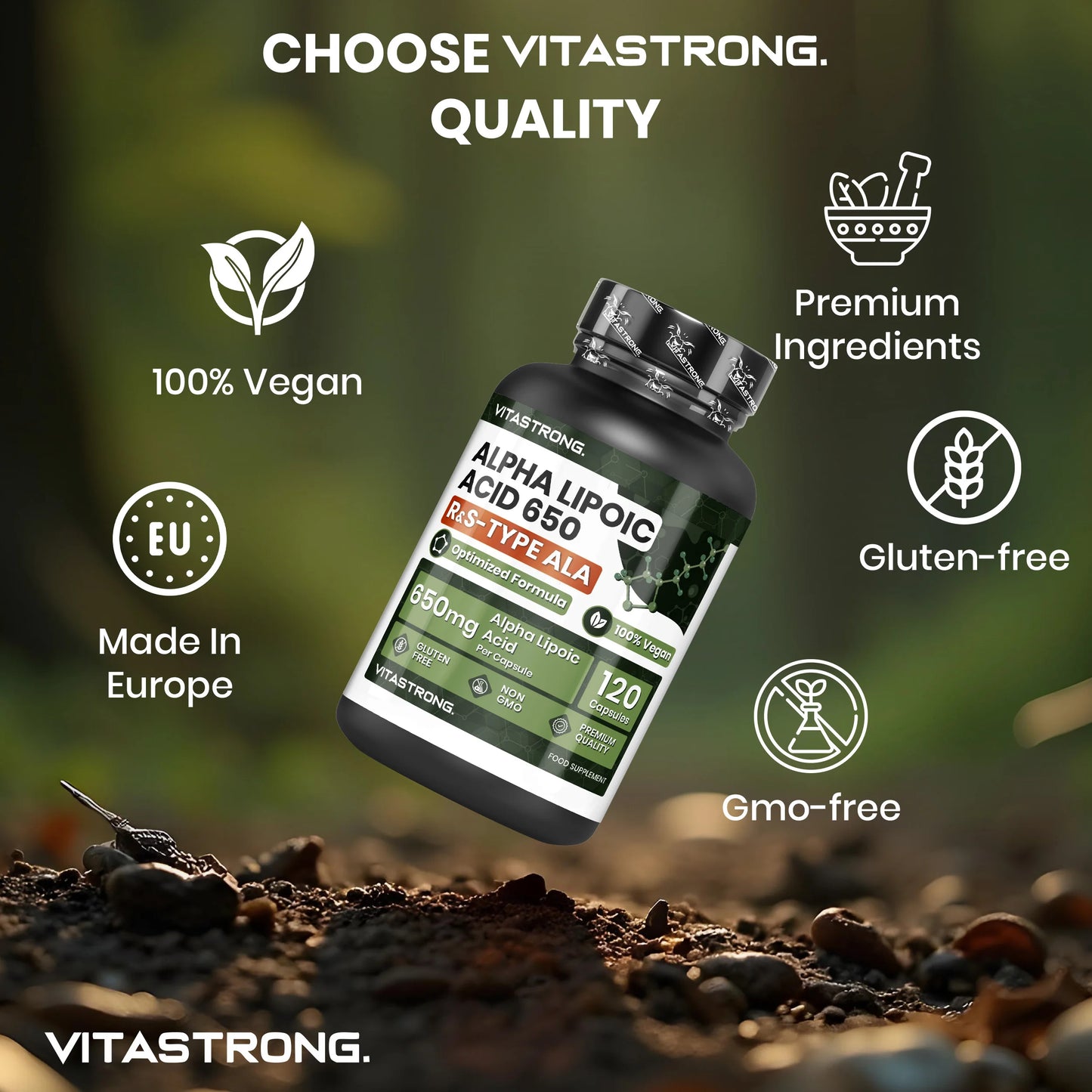 Alpha Lipoic Acid with Zinc Oxide 650Mg, Optimized Formula Lipoic Acid Type R & D, ALA Supplement 100% Vegan, 120 Gluten-Free Capsules No Gmos Alpha Lipoic Acid, Vitastrong Quality