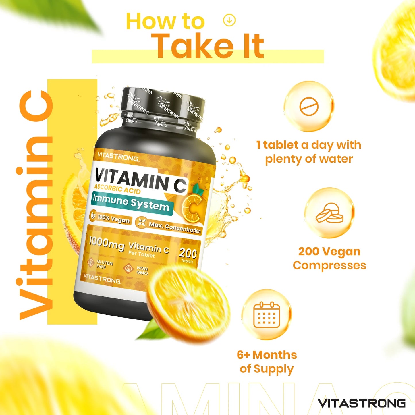 Vitamin C 1000Mg Slow Release, 200 Tablets 100% Vegan (1 per Day/6 + Months), Supplement Vitamin C Pure Ascorbic Acid for Immune System, Bones, Skin, Tiredness, Collagen Formation