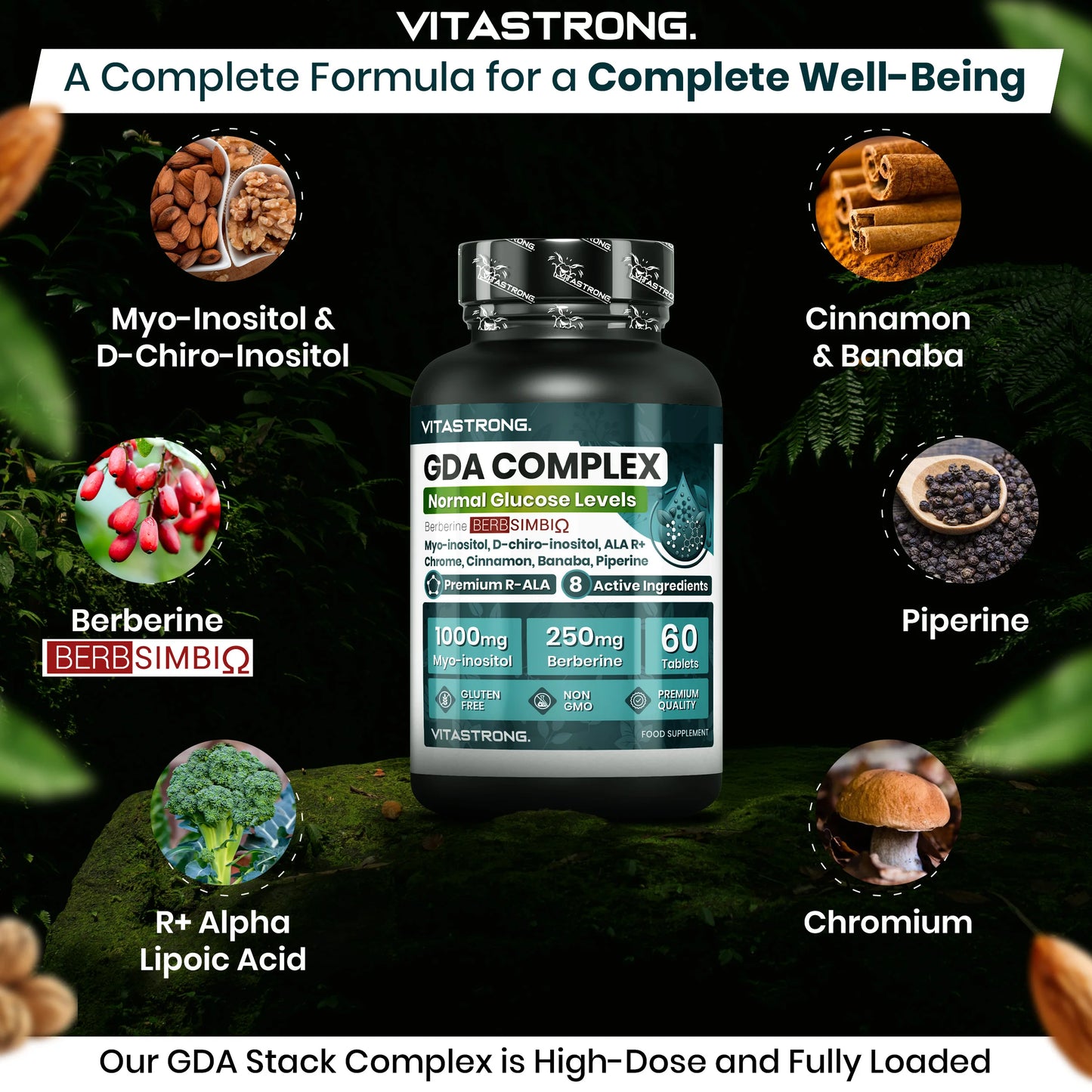 GDA Vitastrag Vegan Supplement, Lipid Complex with Berberine Berbsimb-Mi Ω 250Mg, Myo-Inositol 1000Mg, Alpha Lipoic Acid, Plant Extracts, Chromium for Normal Blood Glucose Levels, Gmo-Free