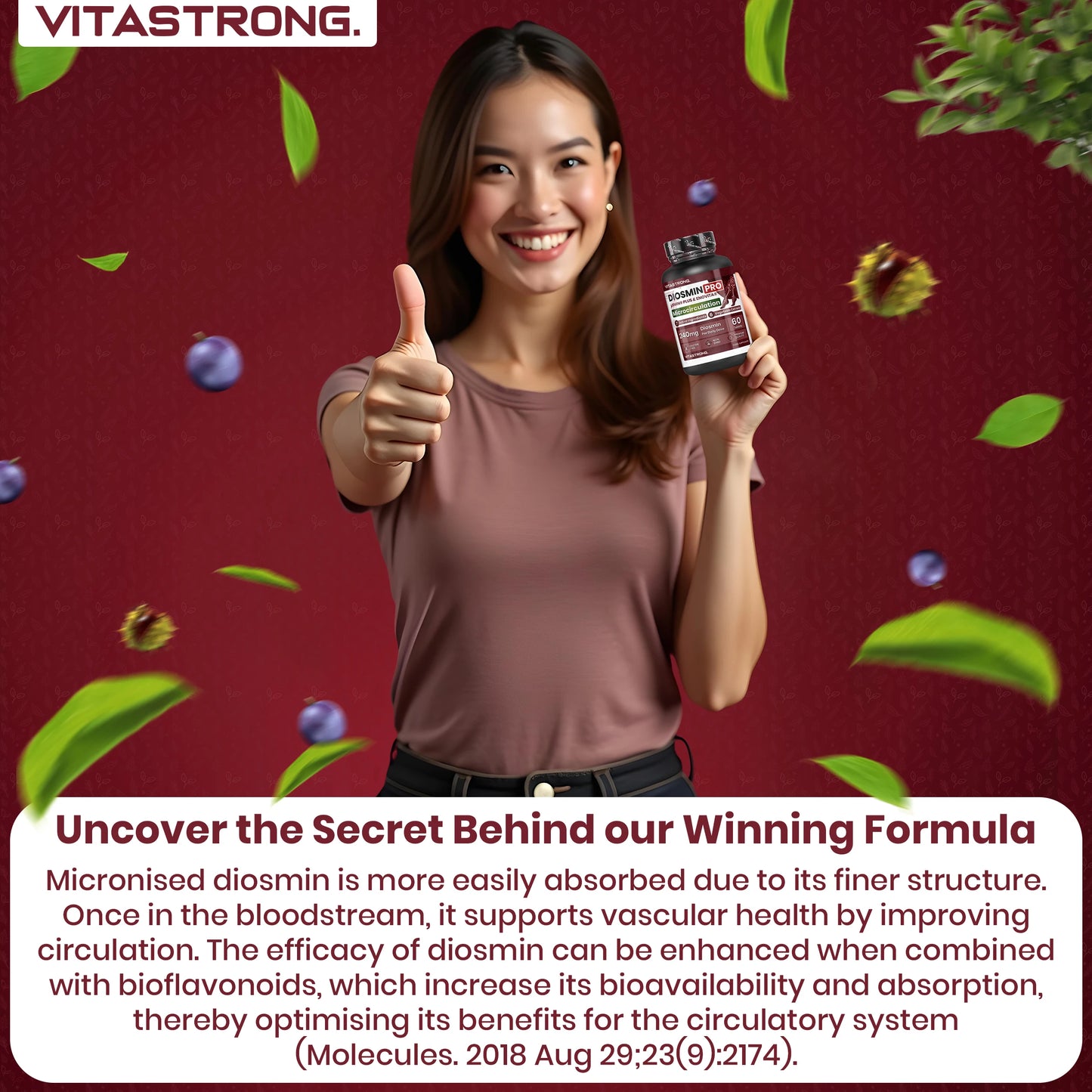 Diosmin PRO Vitastrag Vegan, Complex Diosmin Micronized and Flavonoids, HENOVITA (Red Vine Supplement) Centella Asiatica, Horse Chestnut, Rusco, Lespedeza, Black Pepper (Piperine Powder), 60 Tablets