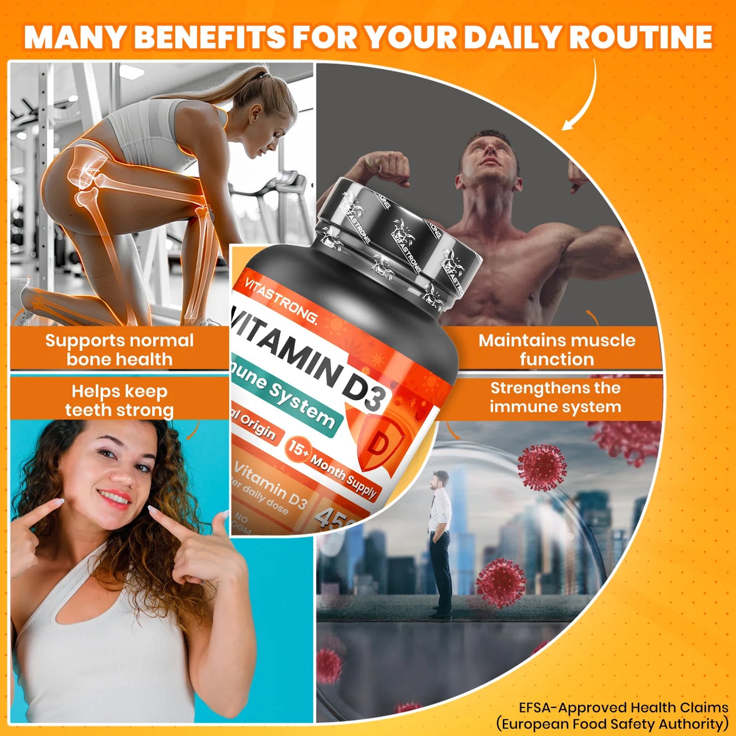 Vitamin D3 2000 IU 50Mcg High Dosage, 1 per Day, 450 Tablets D3 Vitamin Cholecalciferol (15 + Months), Immune System, Bones, Toughes, Muscles, Supplement Vit D Premium Quality Vitastrong