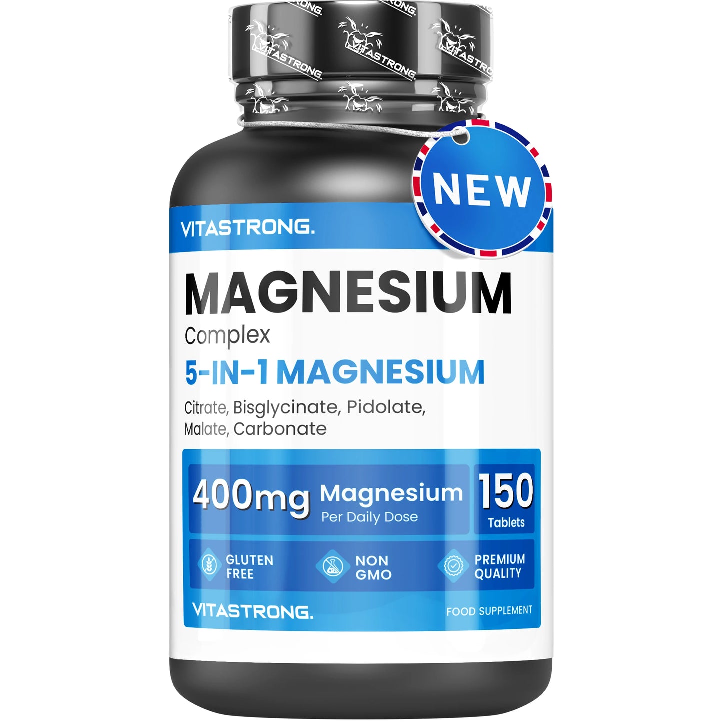 Vitastrong Magnesium Complex 400Mg - 5 in 1 Magnesium-Magnesium Bisglycinate + Magnesium Citrate + Pidolate + Sick and Carbonate-Magnesium Supplement Magnesium Antistress