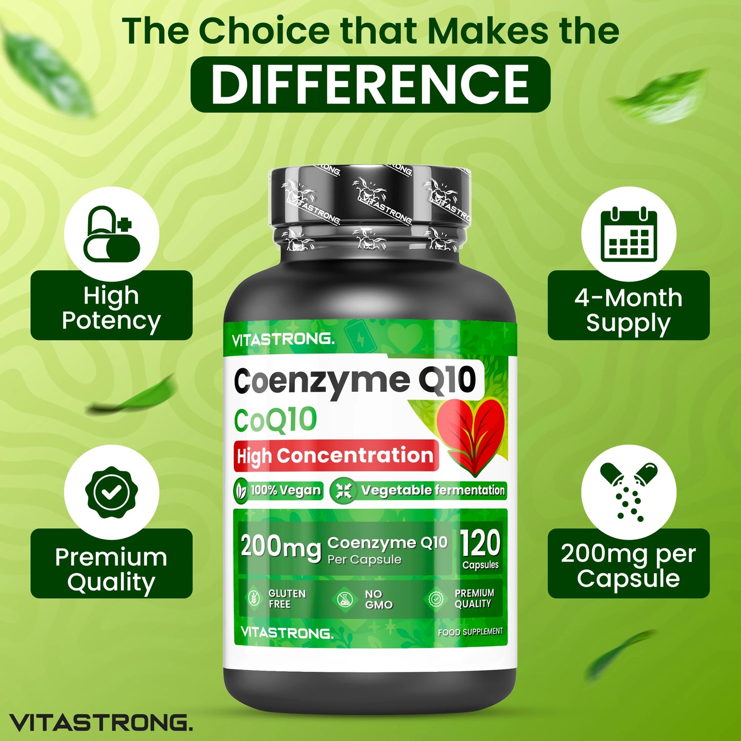 Coenzyme Q10 200Mg High Dosage, 1 Capsule per Day for 4 Months, 120 Capsules Coq10 200Mg Each, Q10 Coenzyme Premium Quality, Gluten-Or Gmo-Free, Supplement Made in Italy Certified