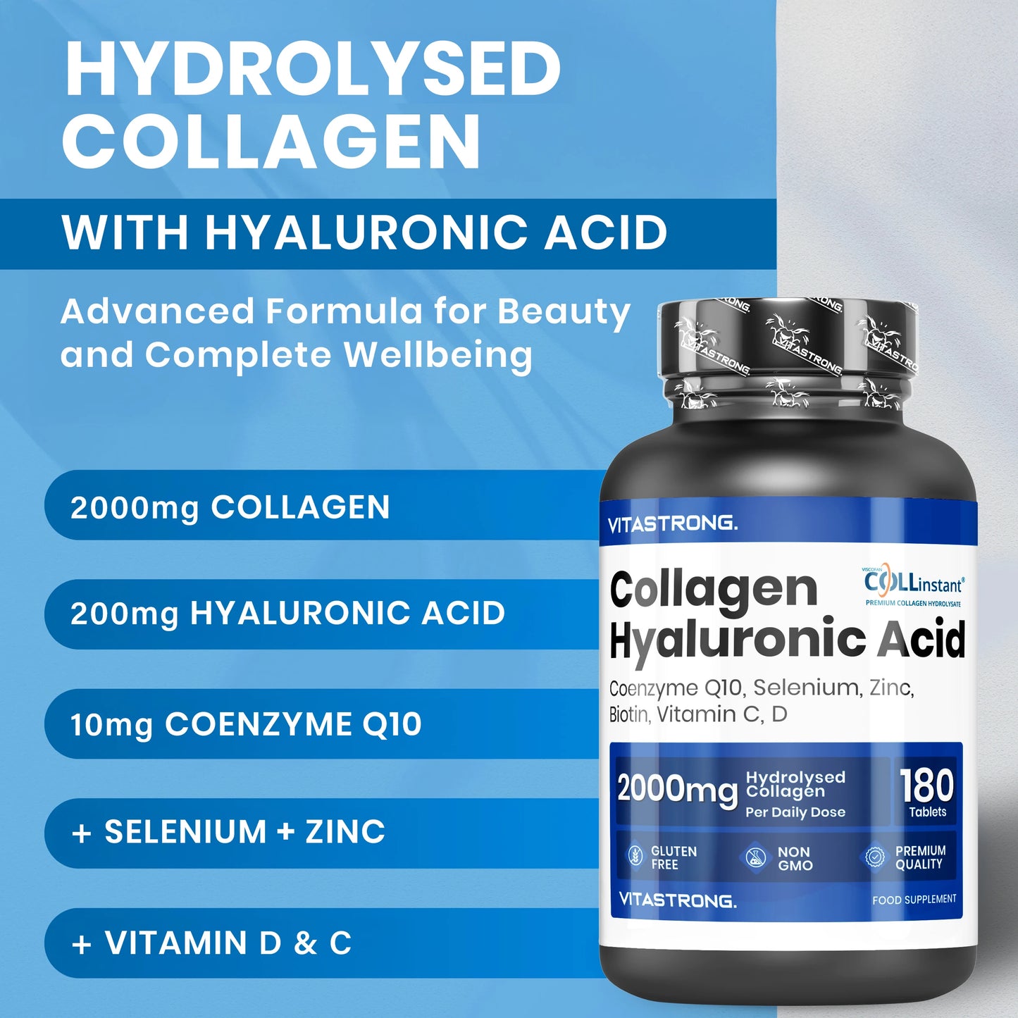 HYDROLIZED COLLAGENE 2000MG Vitastrong - Collinstant Collagen and Hyaluronic Acid with Biotin, Coenzyme Q10, Zinc, Selenium, Vitamin C, Vitamin D-Effective Formula-Premium Quality
