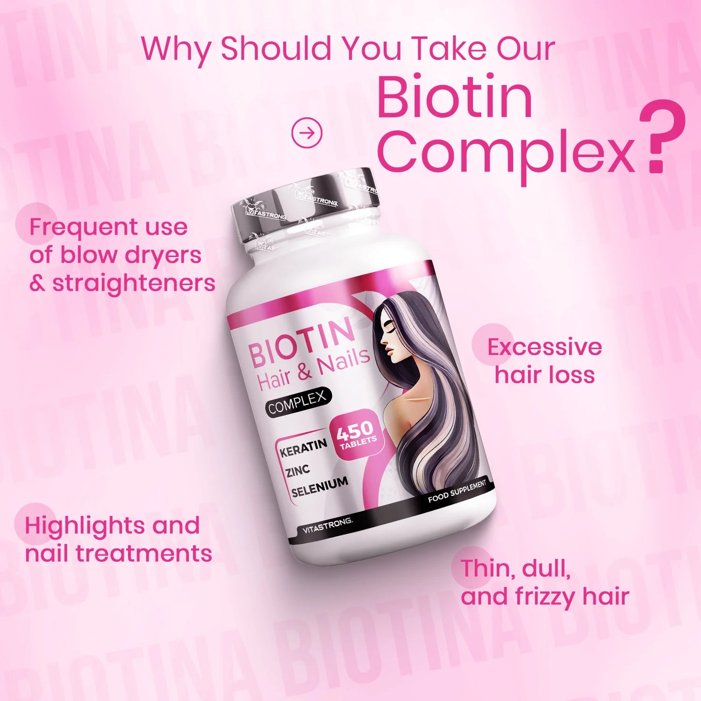 Biotin Hair Vitastrong 450 Tablets High Dosage (15 Months) Biotin Complex Premium with Keratin for Hair, Selenium, Zinc, Copper, Bamboo, Hair Vitamins & Nails, Hair Supplements