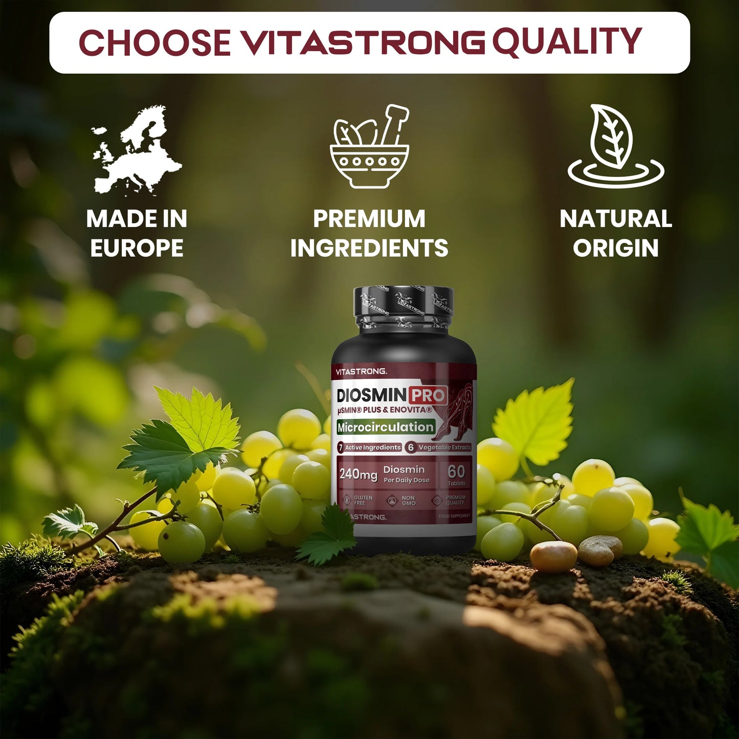 Diosmin PRO Vitastrag Vegan, Complex Diosmin Micronized and Flavonoids, HENOVITA (Red Vine Supplement) Centella Asiatica, Horse Chestnut, Rusco, Lespedeza, Black Pepper (Piperine Powder), 60 Tablets