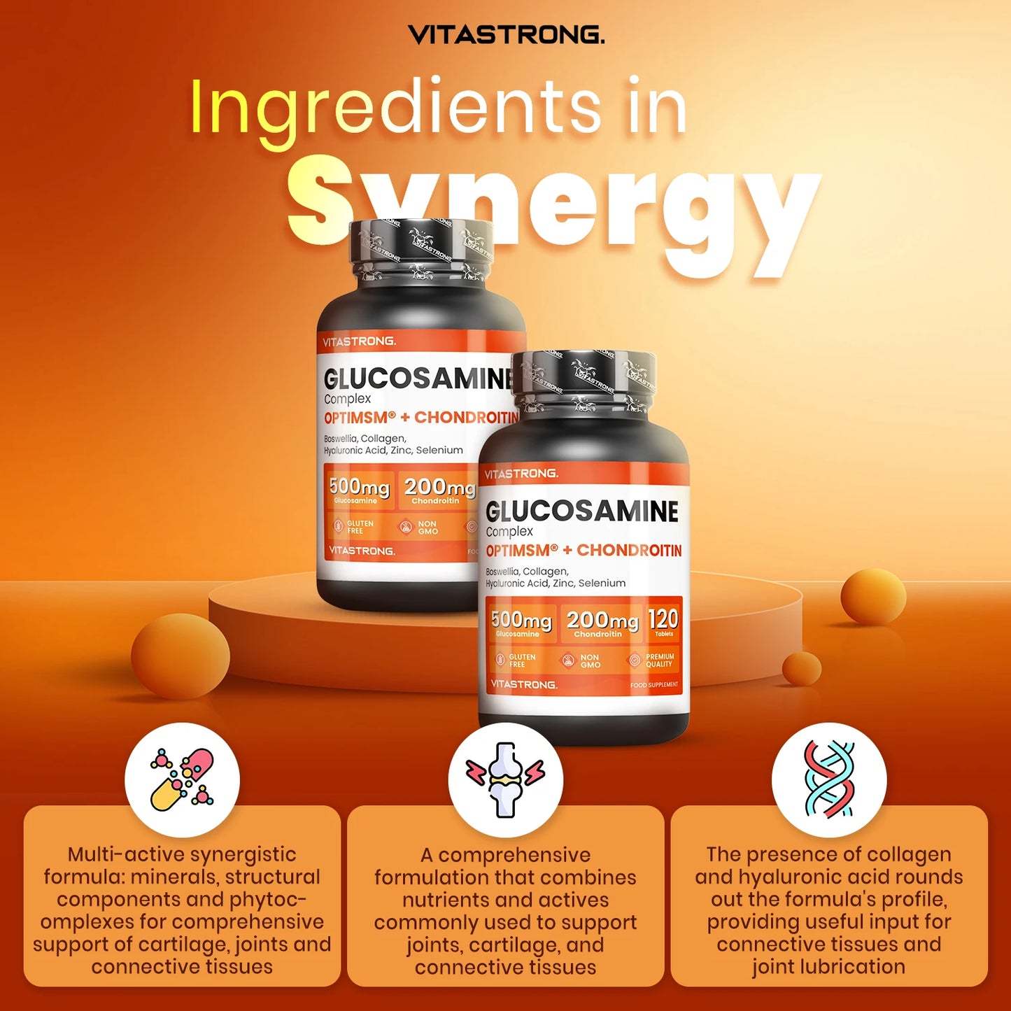 Vitastrong Glucosamine Chondroitin with MSM, Collagen and Hyaluronic Acid, Zinc, Selenium, Mangenese, Boswellia, Glucosamine Complex MSM Supplement, Bones, Joints, Cartilage, Premium Quality