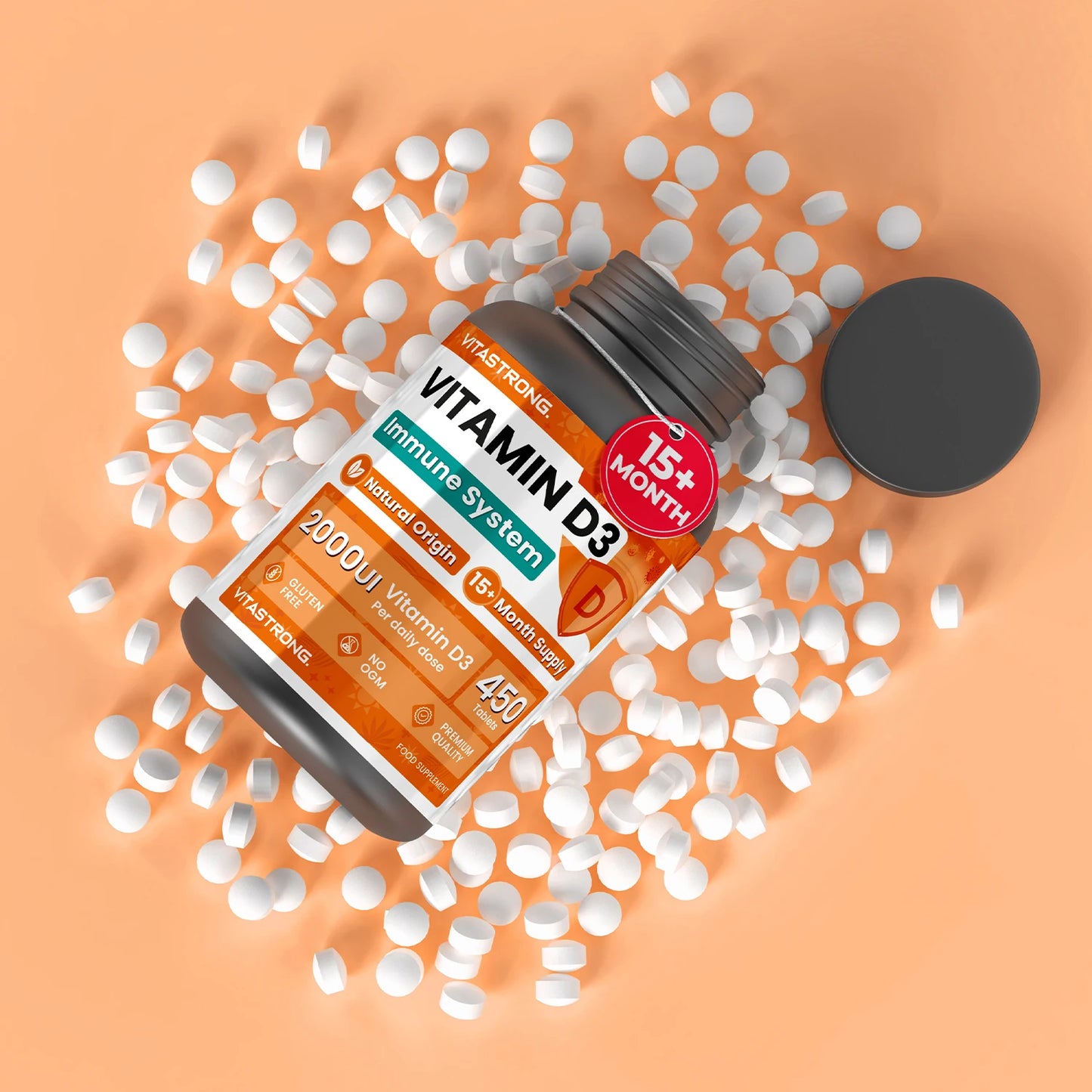 Vitamin D3 2000 IU 50Mcg High Dosage, 1 per Day, 450 Tablets D3 Vitamin Cholecalciferol (15 + Months), Immune System, Bones, Toughes, Muscles, Supplement Vit D Premium Quality Vitastrong