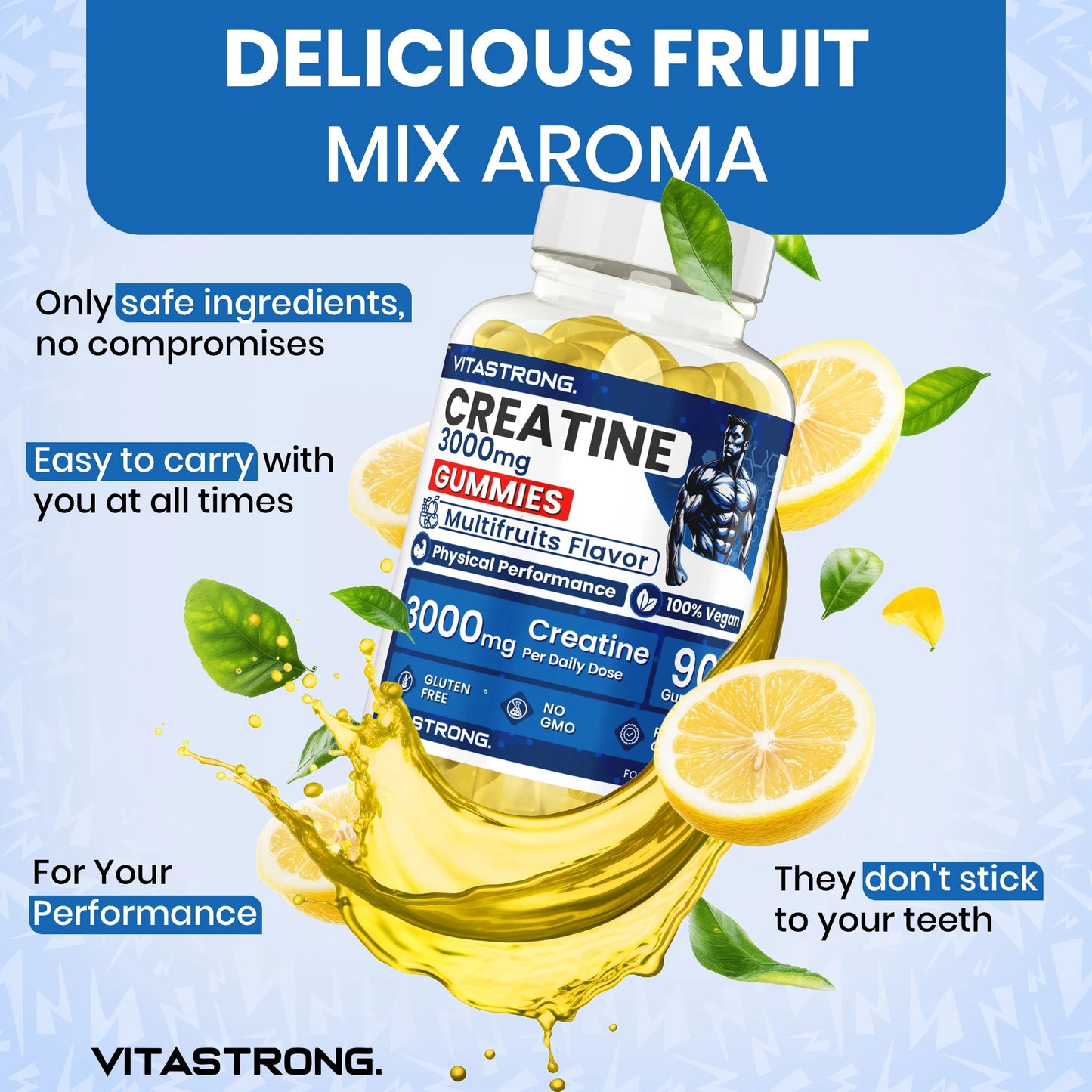 Creatine Monohydrated 3000Mg Vitastrong, 90 Creatine Gummy Vegan without Sucrose, Gluten or Gmos, Delicious Gummy Multifruit Men and Women, Alternative to Creatine Monohydrated Capsules and Tablets