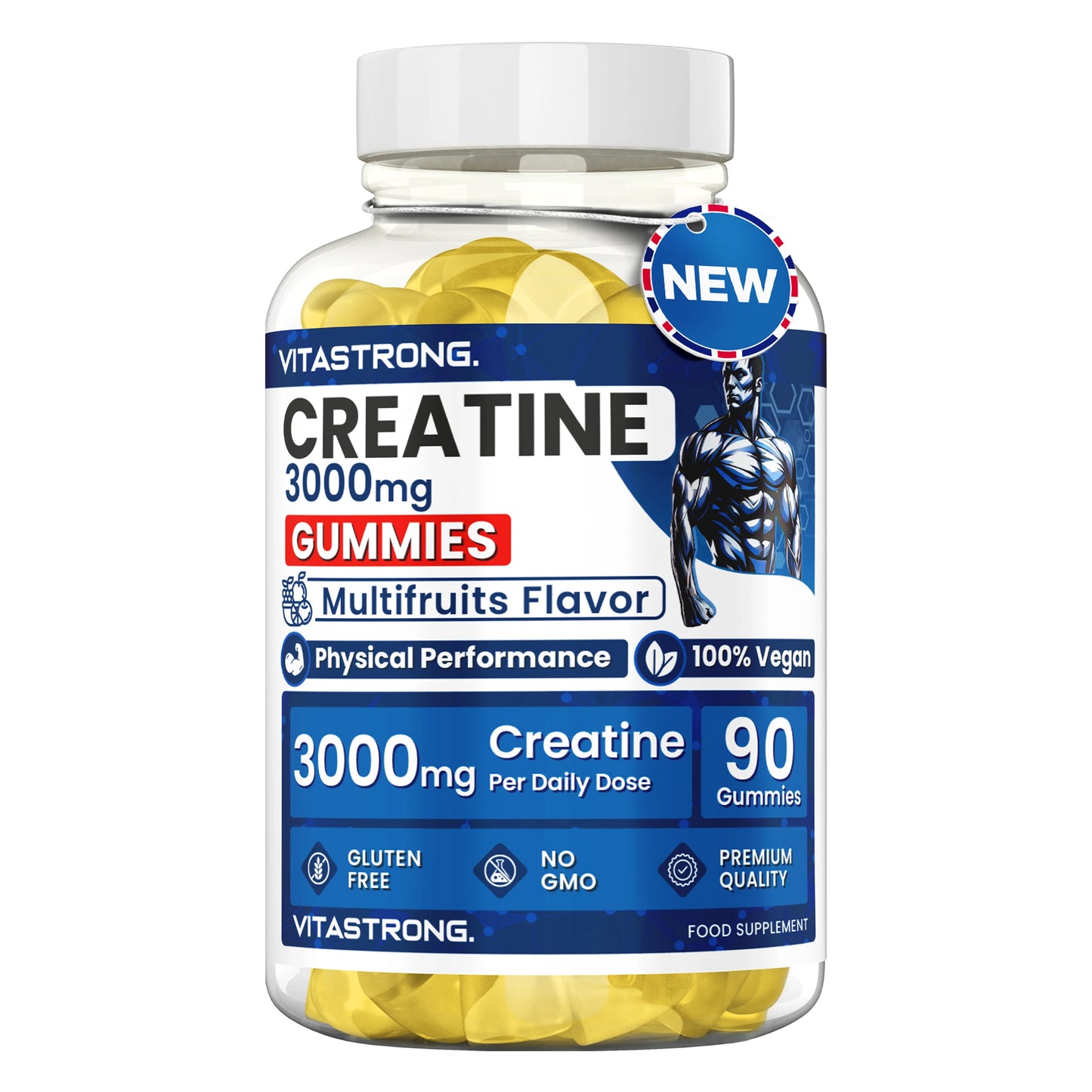 Creatine Monohydrated 3000Mg Vitastrong, 90 Creatine Gummy Vegan without Sucrose, Gluten or Gmos, Delicious Gummy Multifruit Men and Women, Alternative to Creatine Monohydrated Capsules and Tablets
