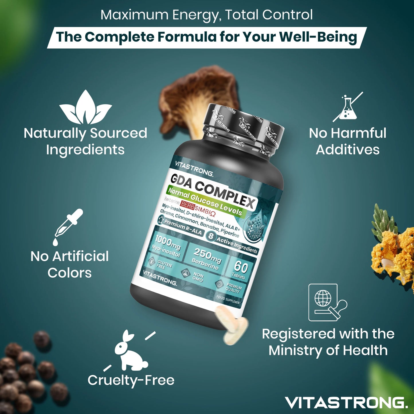 GDA Vitastrag Vegan Supplement, Lipid Complex with Berberine Berbsimb-Mi Ω 250Mg, Myo-Inositol 1000Mg, Alpha Lipoic Acid, Plant Extracts, Chromium for Normal Blood Glucose Levels, Gmo-Free