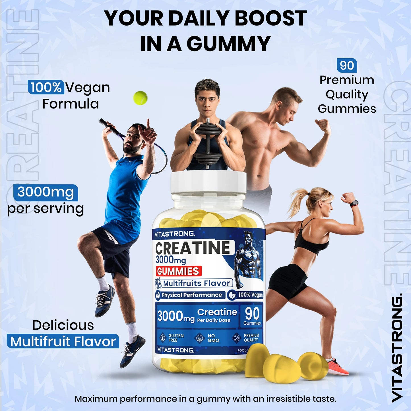 Creatine Monohydrated 3000Mg Vitastrong, 90 Creatine Gummy Vegan without Sucrose, Gluten or Gmos, Delicious Gummy Multifruit Men and Women, Alternative to Creatine Monohydrated Capsules and Tablets