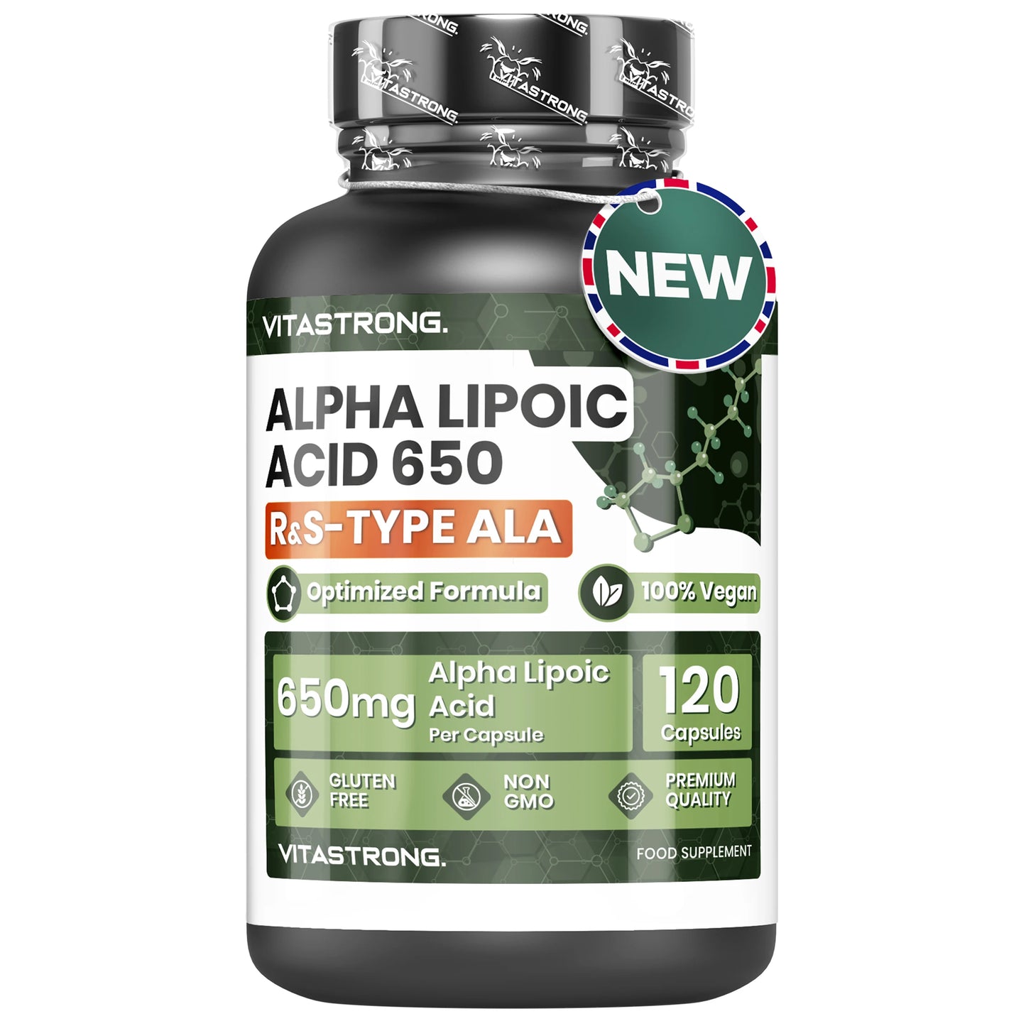 Alpha Lipoic Acid with Zinc Oxide 650Mg, Optimized Formula Lipoic Acid Type R & D, ALA Supplement 100% Vegan, 120 Gluten-Free Capsules No Gmos Alpha Lipoic Acid, Vitastrong Quality