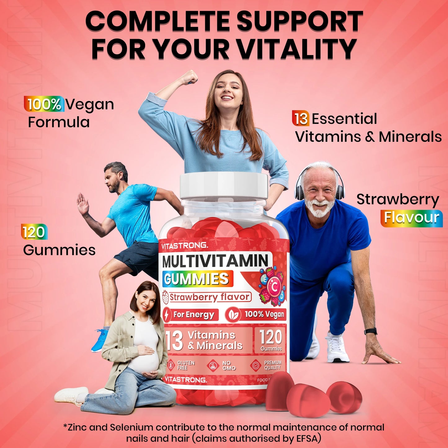 Full Multivitamin 120 Gummy Vitastrong, 13 Vitamins and Minerals, Multivitamin Complex Gummy Vitamins Adult Vegan without Sucrose, Multivitamin Gommose with Vitamins, Zinc, Iodine, Folate