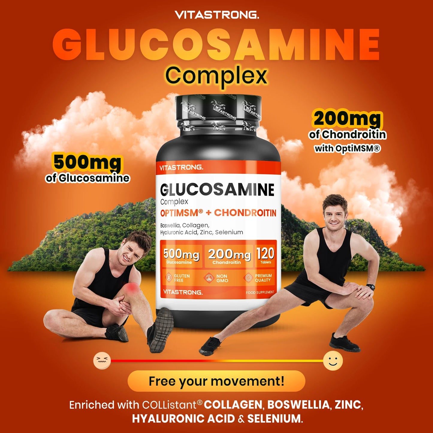 Vitastrong Glucosamine Chondroitin with MSM, Collagen and Hyaluronic Acid, Zinc, Selenium, Mangenese, Boswellia, Glucosamine Complex MSM Supplement, Bones, Joints, Cartilage, Premium Quality
