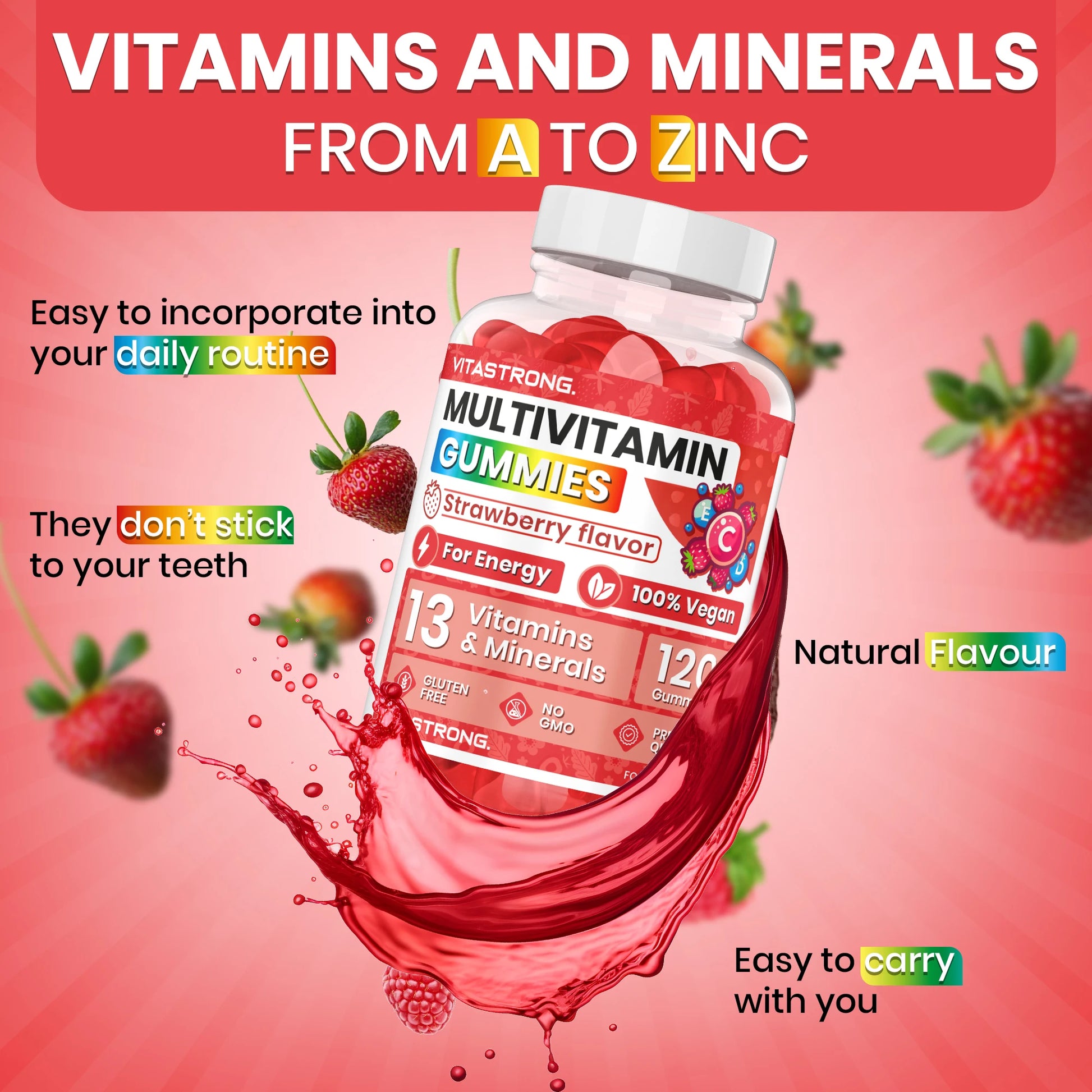 Full Multivitamin 120 Gummy Vitastrong, 13 Vitamins and Minerals, Multivitamin Complex Gummy Vitamins Adult Vegan without Sucrose, Multivitamin Gommose with Vitamins, Zinc, Iodine, Folate