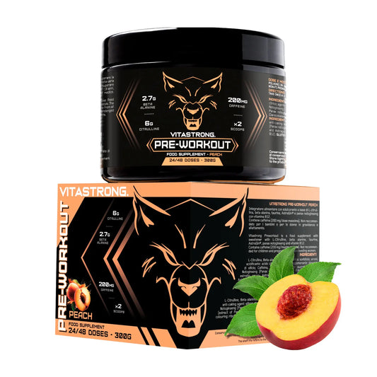 Pre Workout Powerful 300G, Preworkout Vegan with L Citrulline, Beta Alanine, Caffeine, Taurine, Astragin, Panax Notoginseng, Vitastrong Pre Workout Made in Italy (24 Portions (1 Pack), Peach)