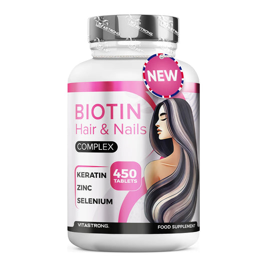 Biotin Hair Vitastrong 450 Tablets High Dosage (15 Months) Biotin Complex Premium with Keratin for Hair, Selenium, Zinc, Copper, Bamboo, Hair Vitamins & Nails, Hair Supplements