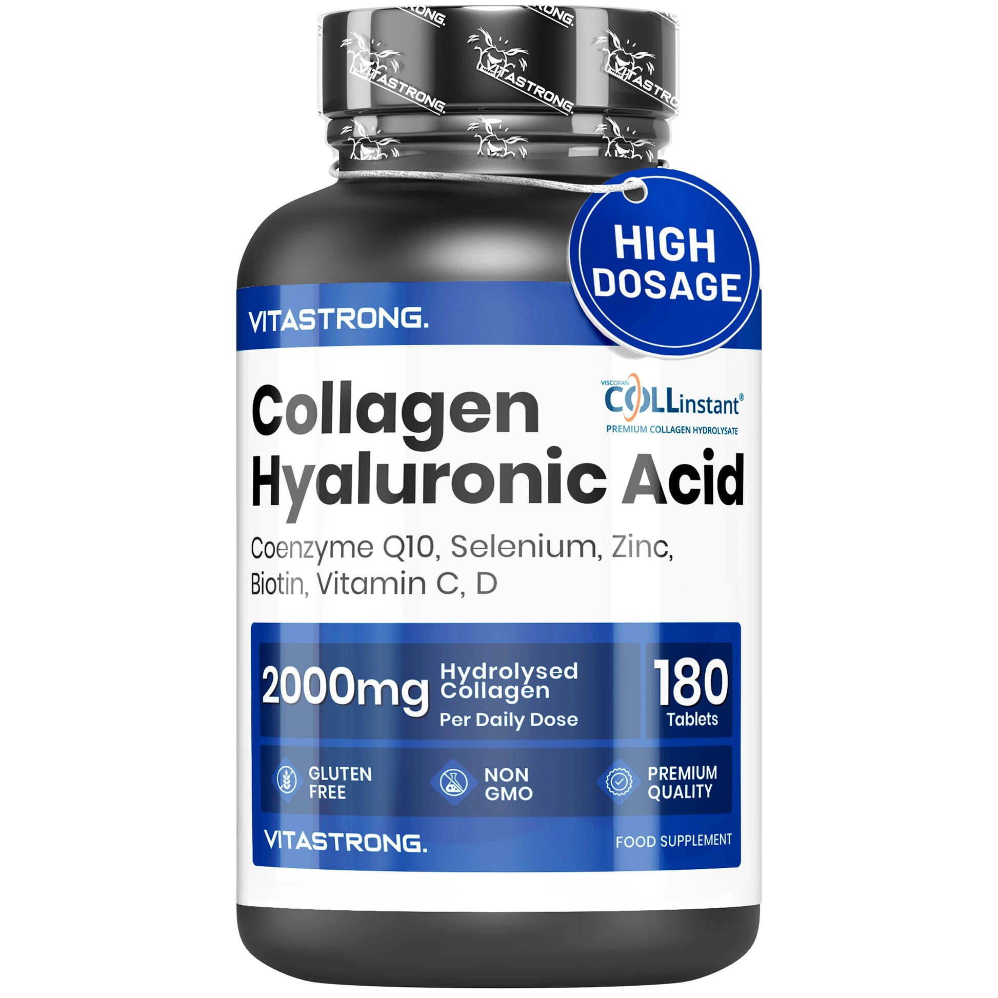 HYDROLIZED COLLAGENE 2000MG Vitastrong - Collinstant Collagen and Hyaluronic Acid with Biotin, Coenzyme Q10, Zinc, Selenium, Vitamin C, Vitamin D-Effective Formula-Premium Quality