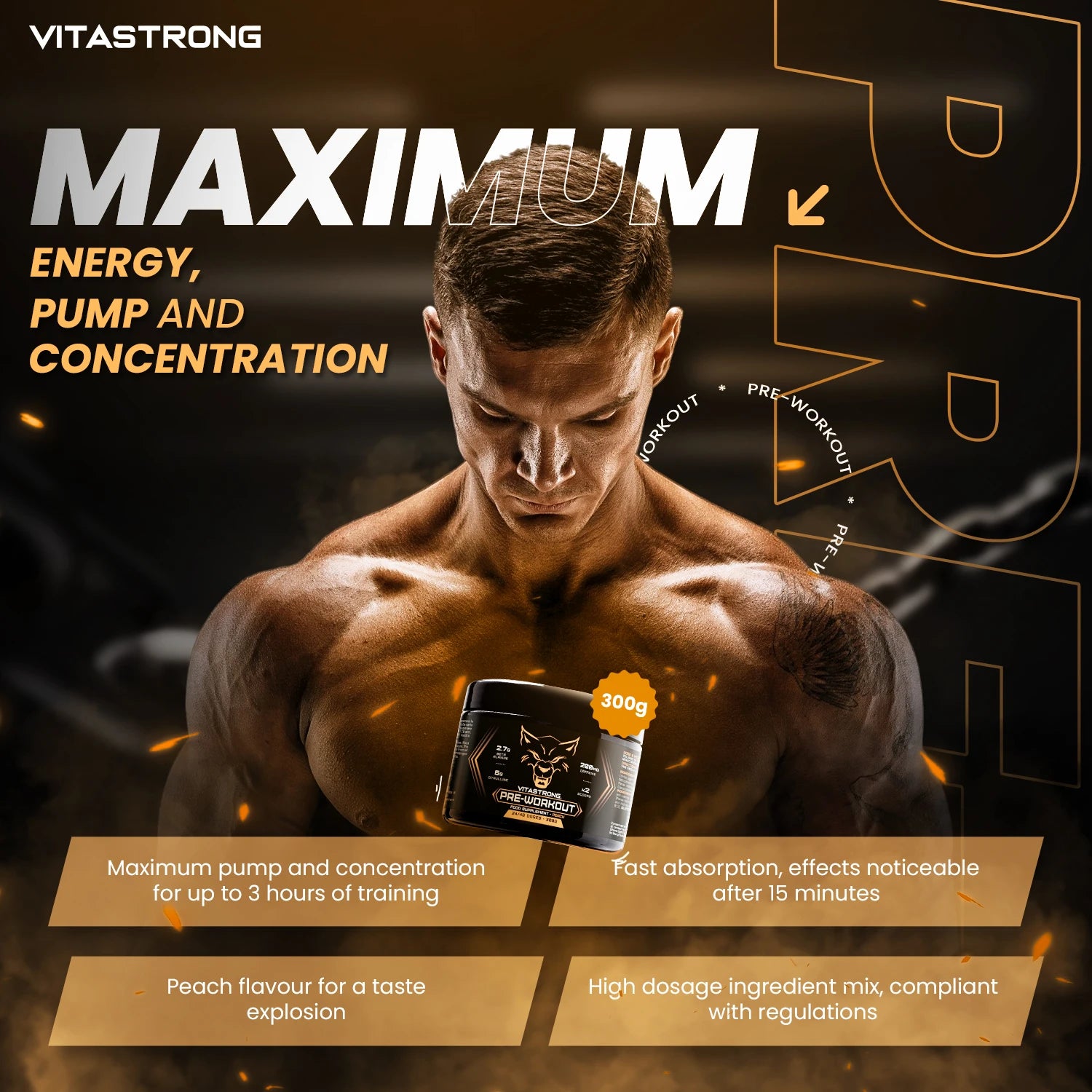 Pre Workout Powerful 300G, Preworkout Vegan with L Citrulline, Beta Alanine, Caffeine, Taurine, Astragin, Panax Notoginseng, Vitastrong Pre Workout Made in Italy (24 Portions (1 Pack), Peach)